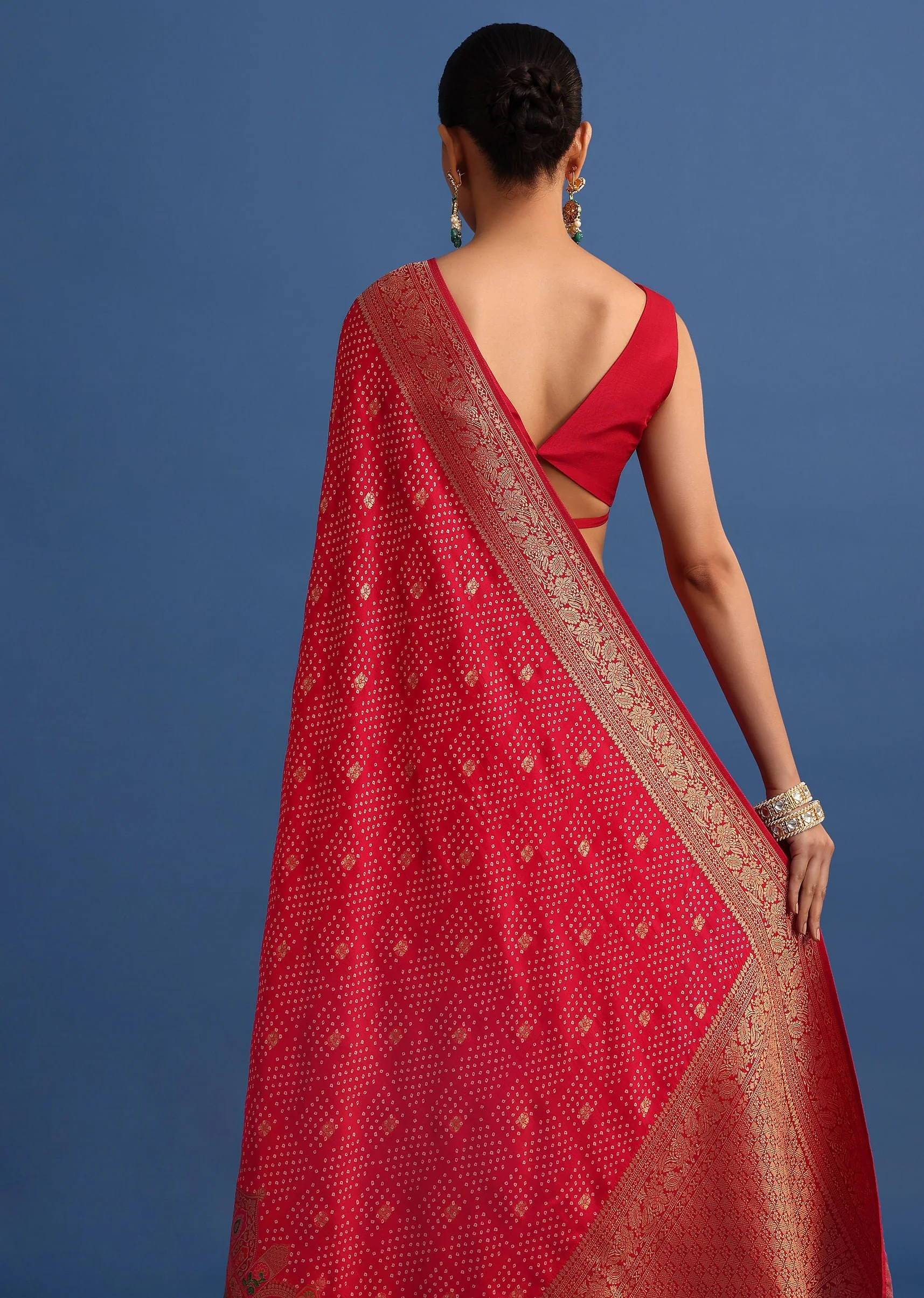 Red Banarasi Bandhani Satin Saree With Traditional Brocade Motifs On Border - Image 6