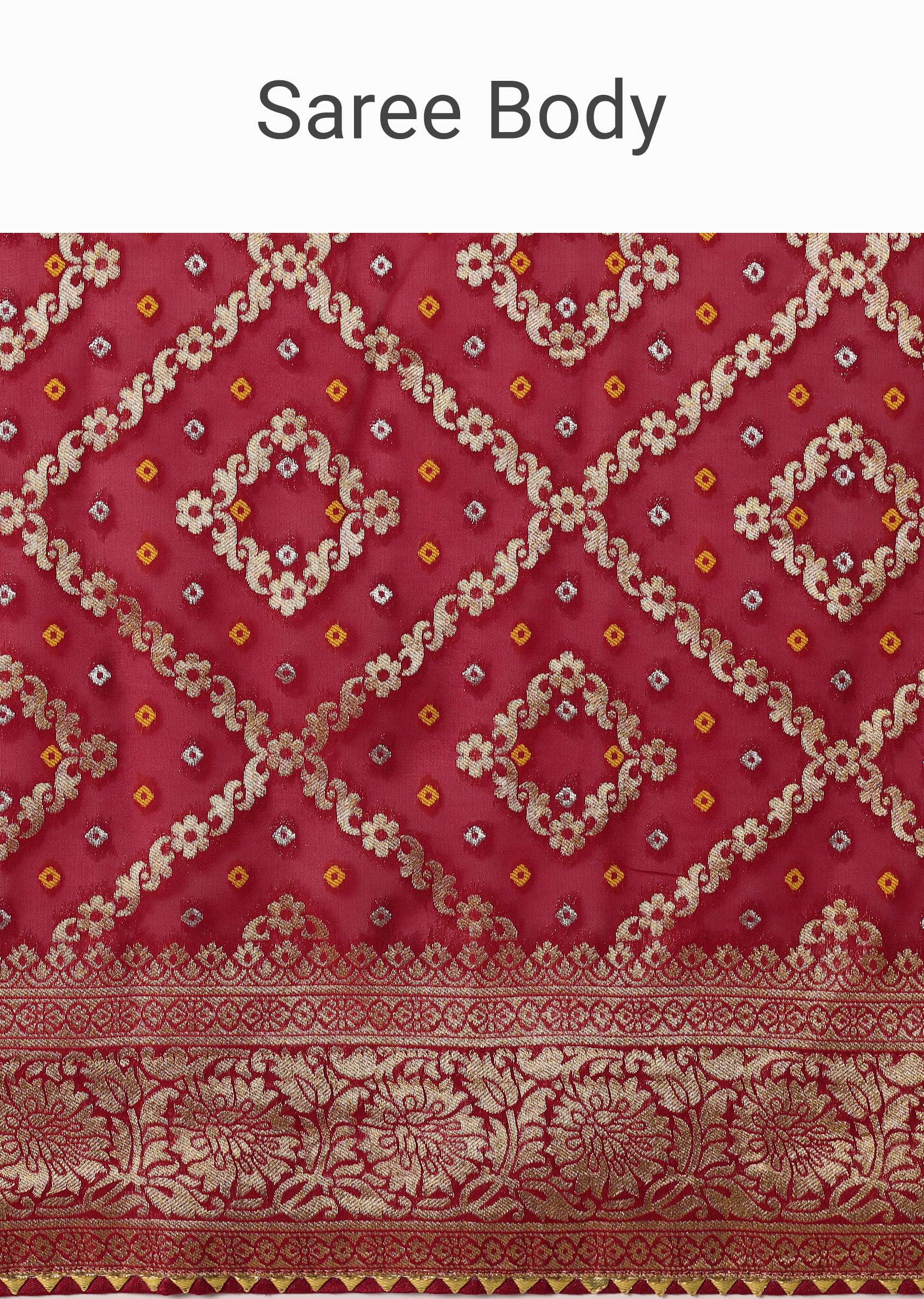 Red Banarasi Georgette Saree With Bandhani Weave And Unstitched Blouse Piece - Image 10
