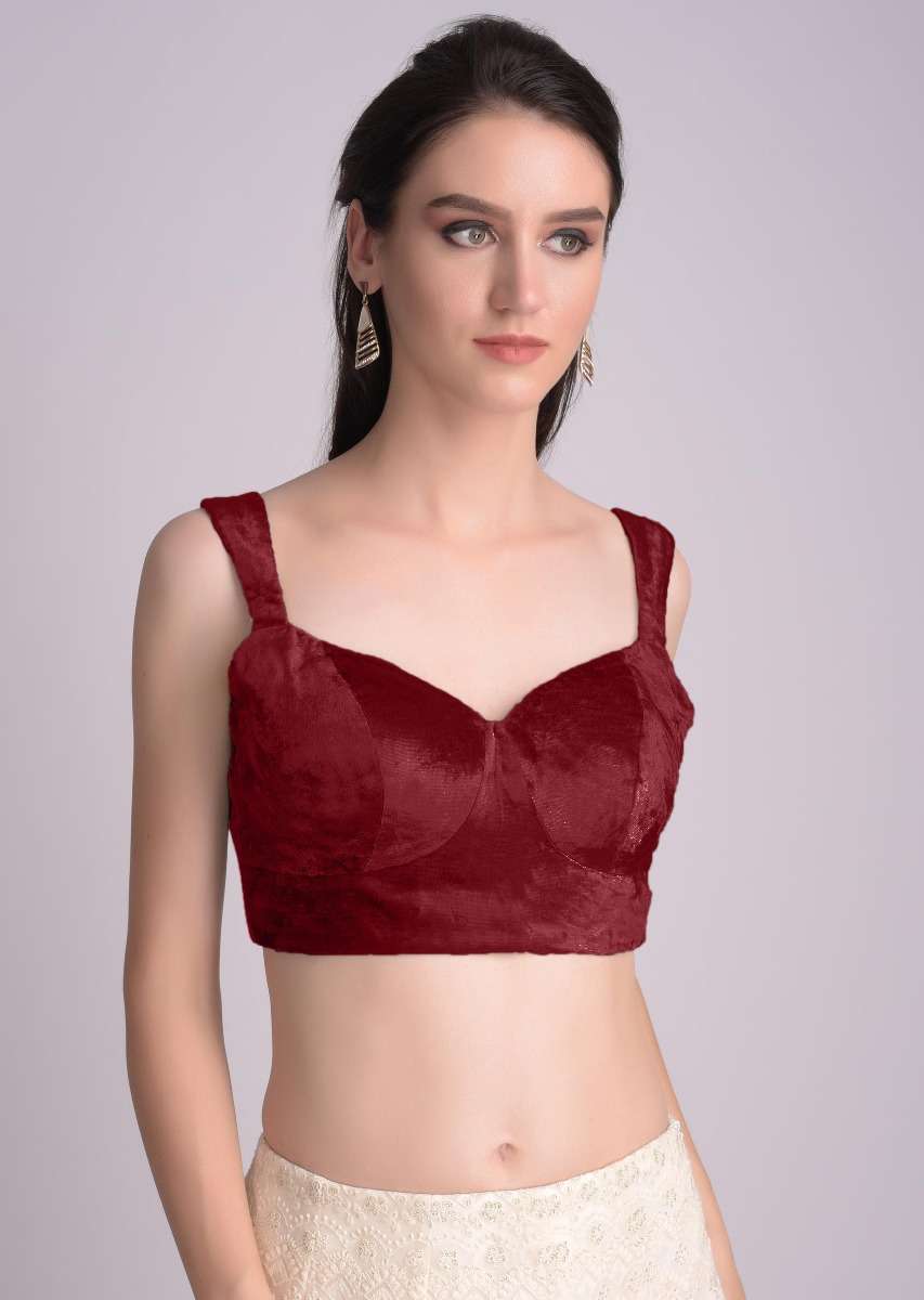 Red Blouse In Velvet With Sweetheart Neckline - Image 3