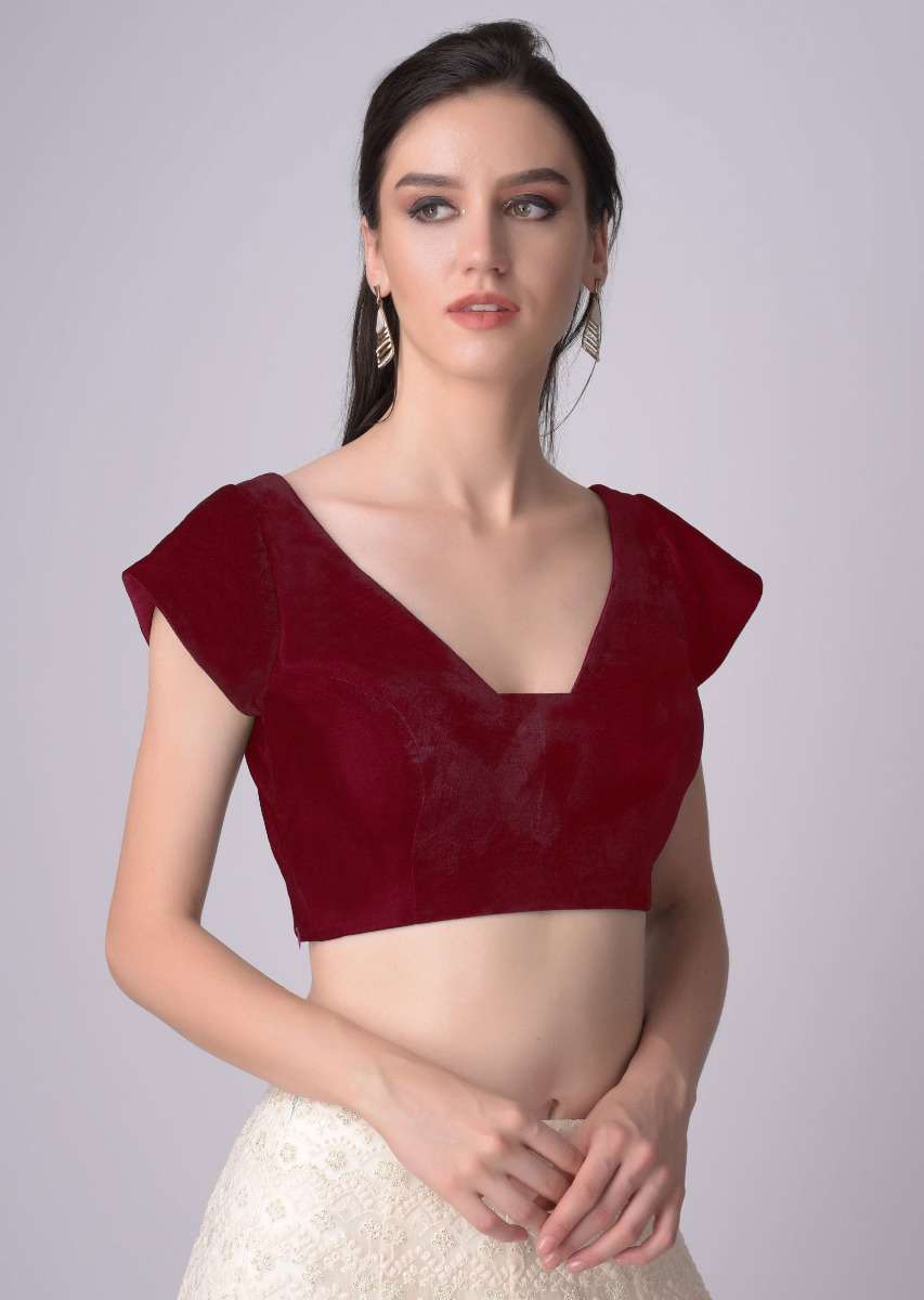 Red Blouse In Velvet With Trapeze Neckline - Image 3
