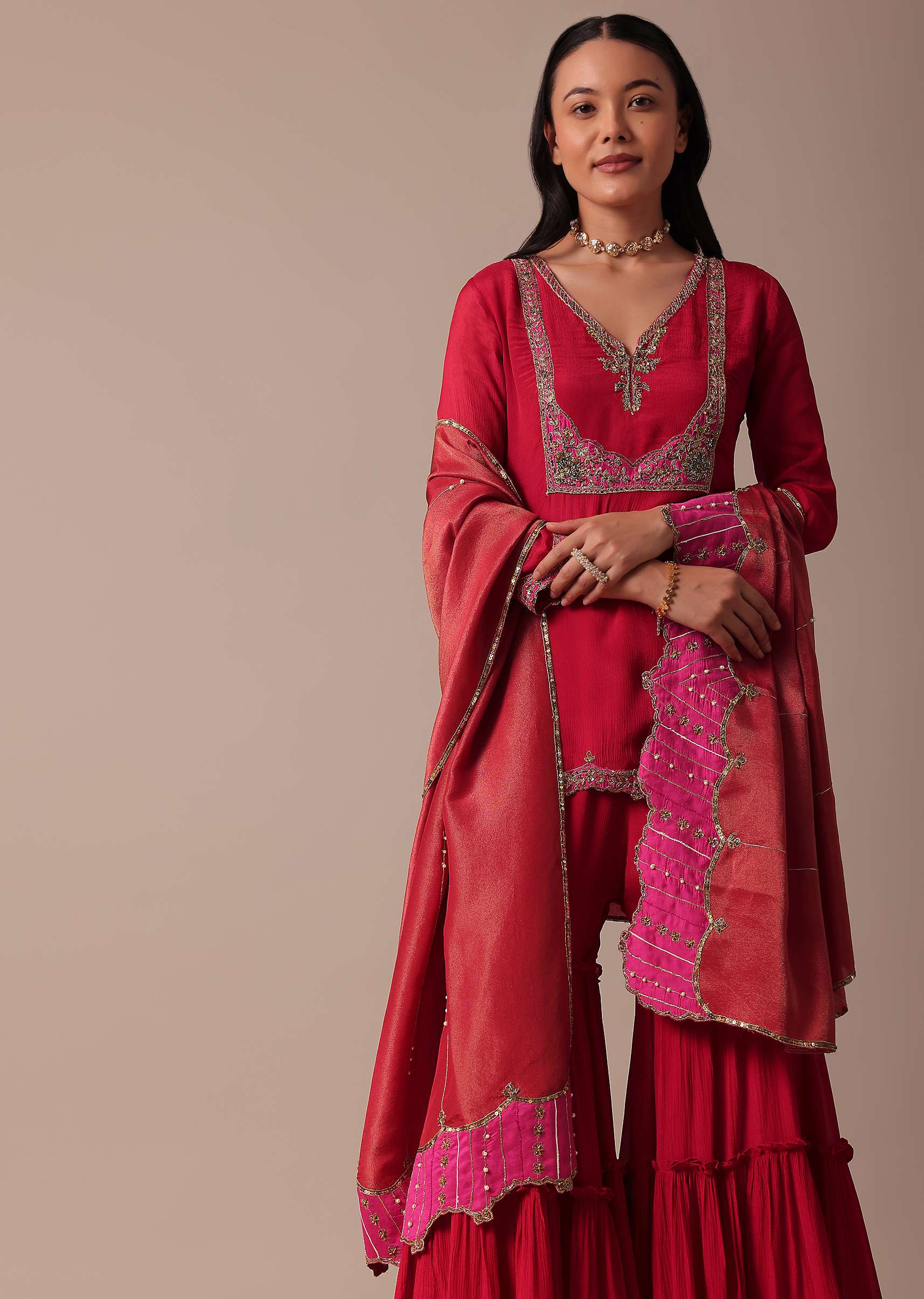 Red Chiffon Sharara Set With Embroidered Kurta - Image 6