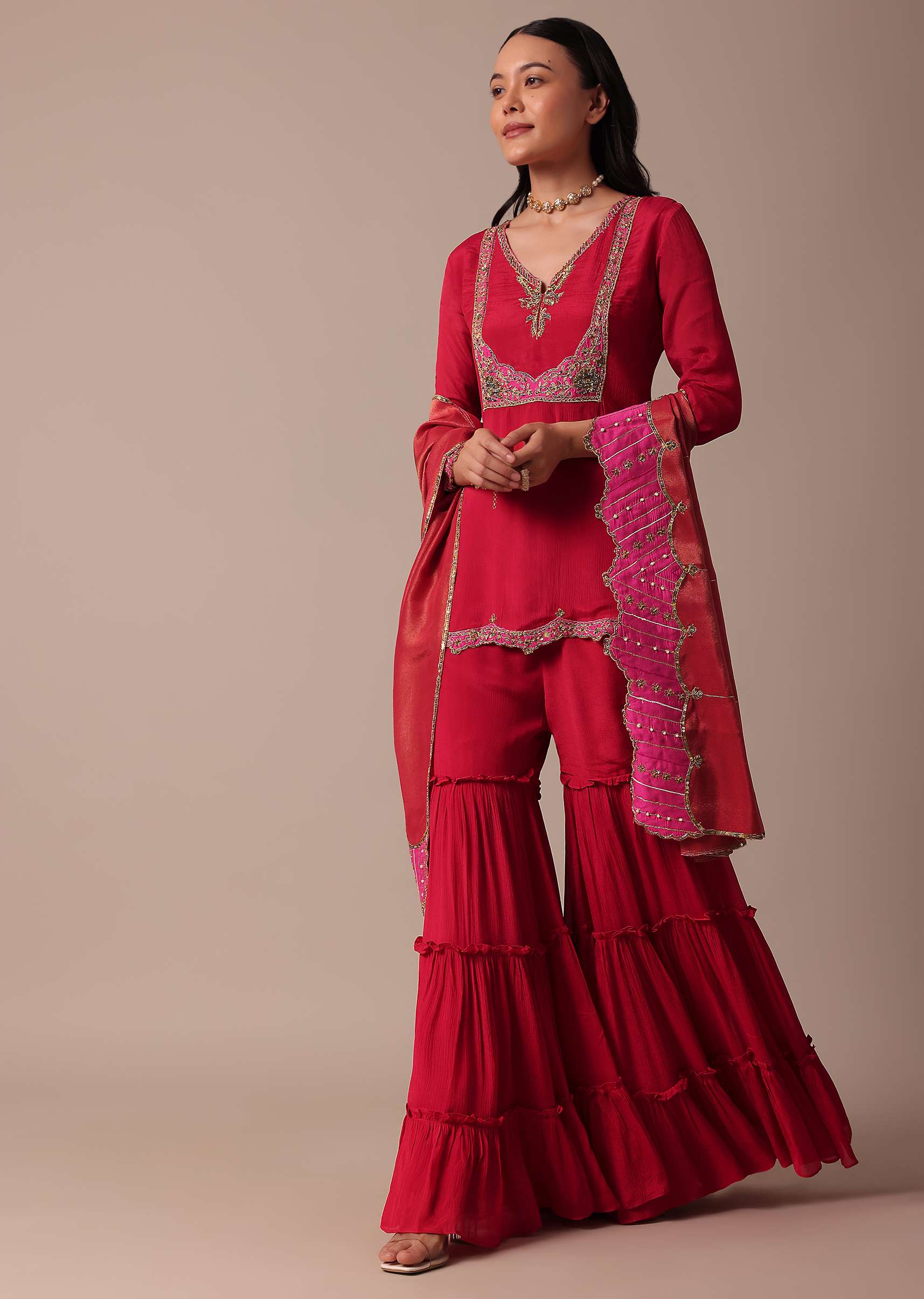 Red Chiffon Sharara Set With Embroidered Kurta - Image 8