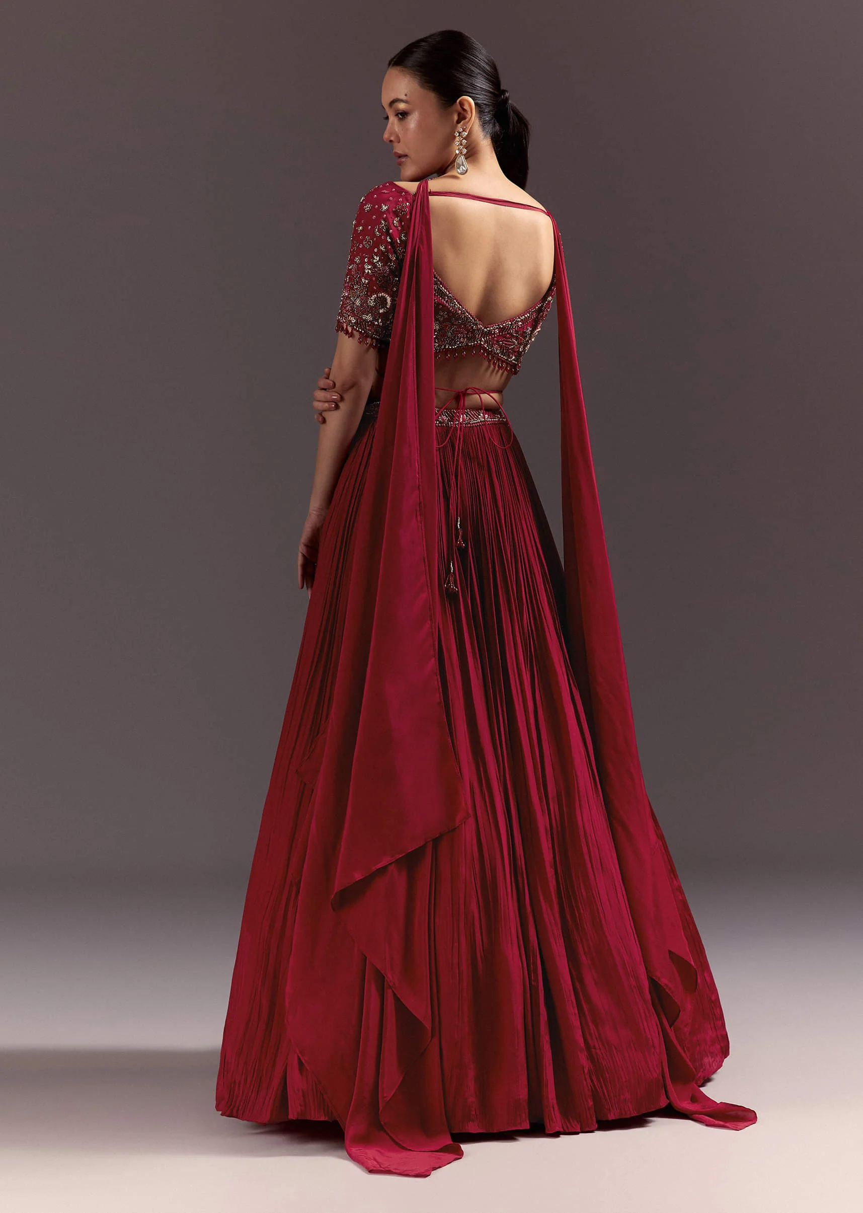 Red Crepe Hand Embroidered Lehenga Set With Dupatta - Image 5