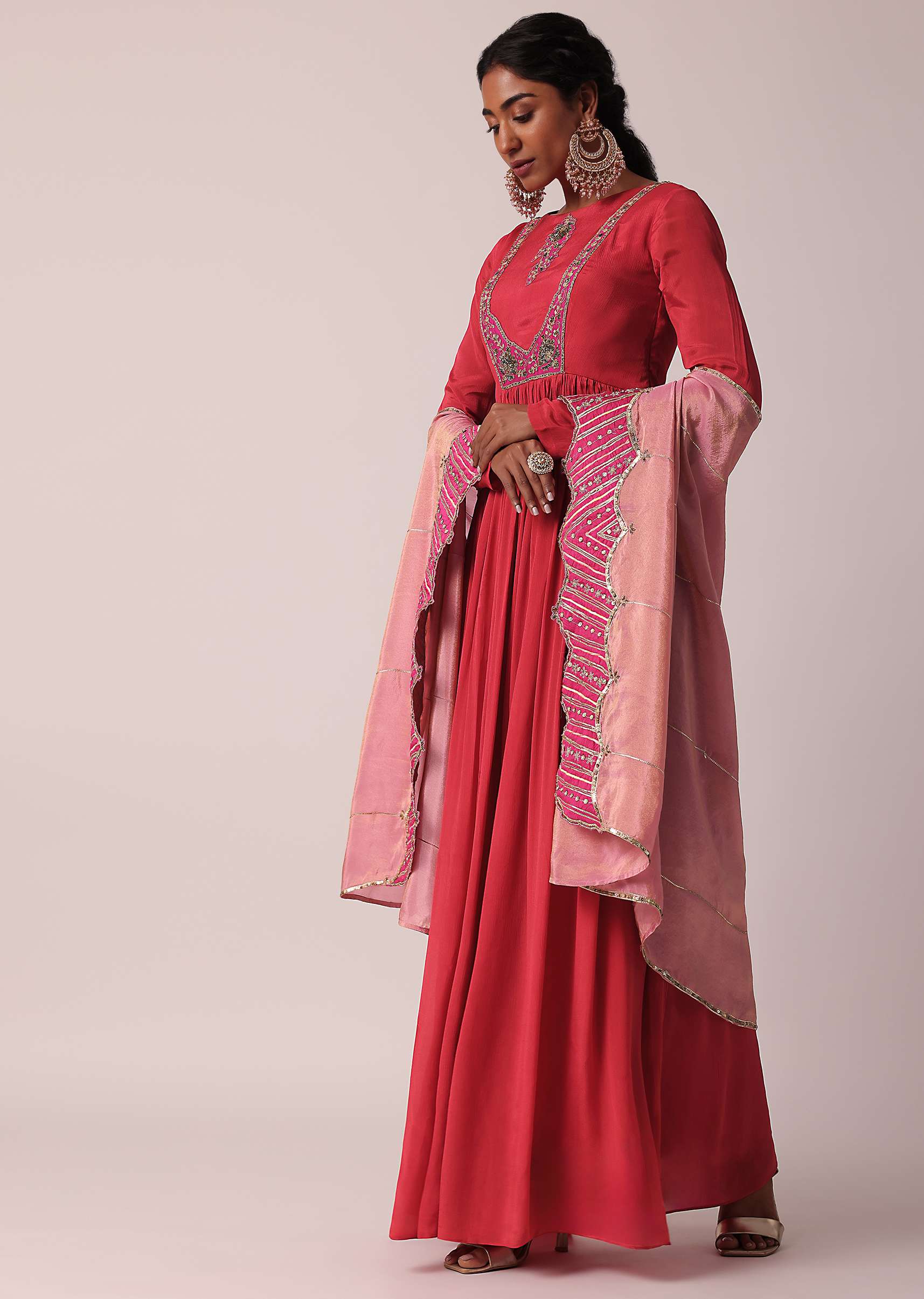 Red Embroidered Anarkali With Tissue Dupatta - Image 3