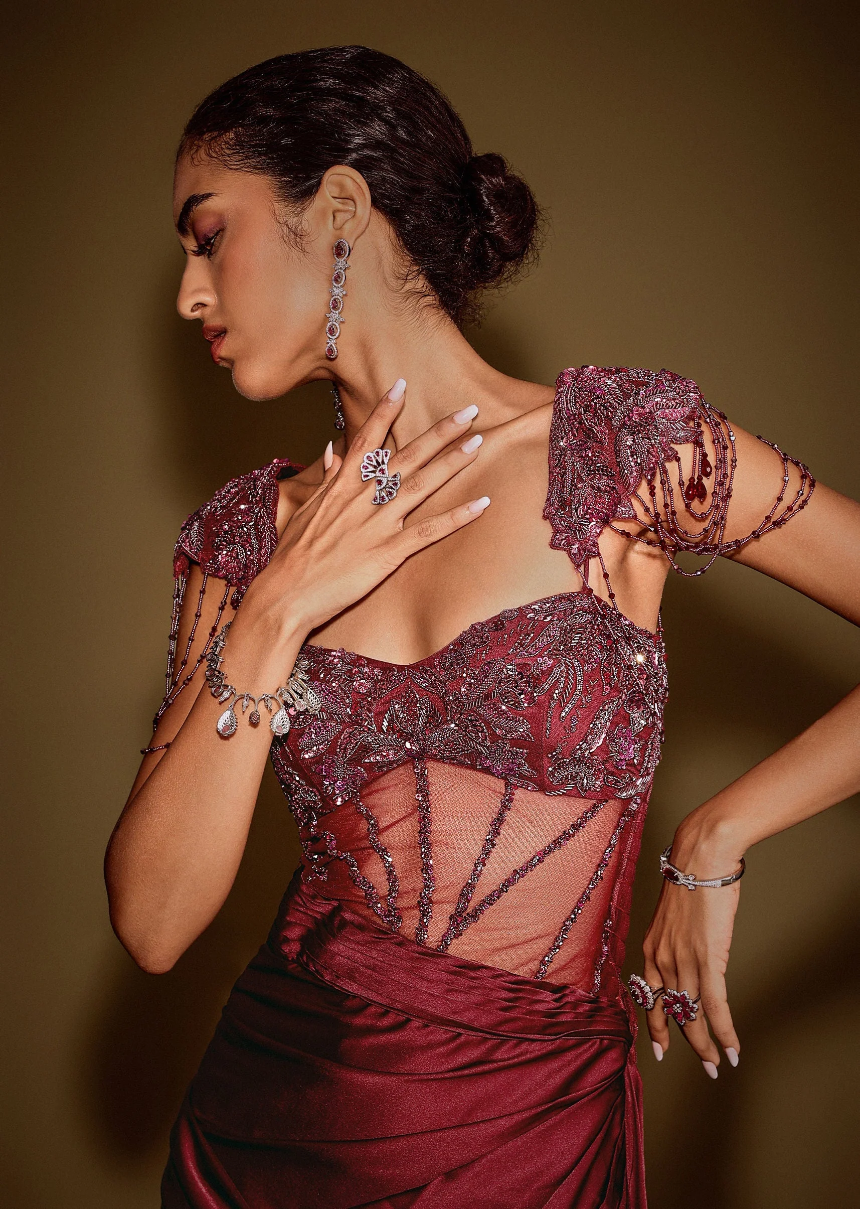 Red Embroidered Corset Gown With Attached Tassel Cape - Image 4