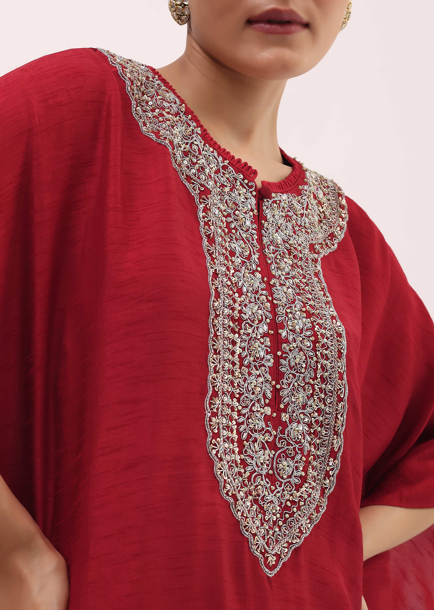 Red Embroidered Kaftaan Kurta Pant Set - Image 4