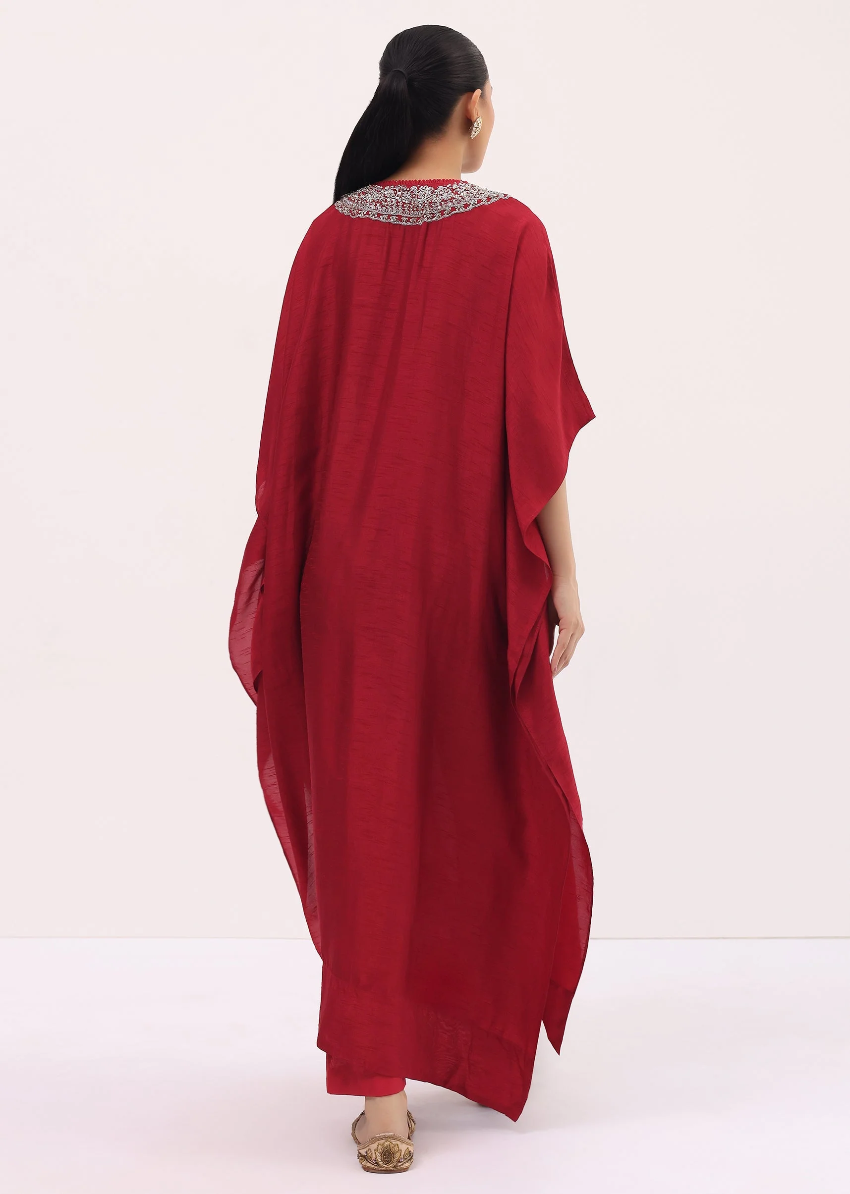 Red Embroidered Kaftaan Kurta Pant Set - Image 5
