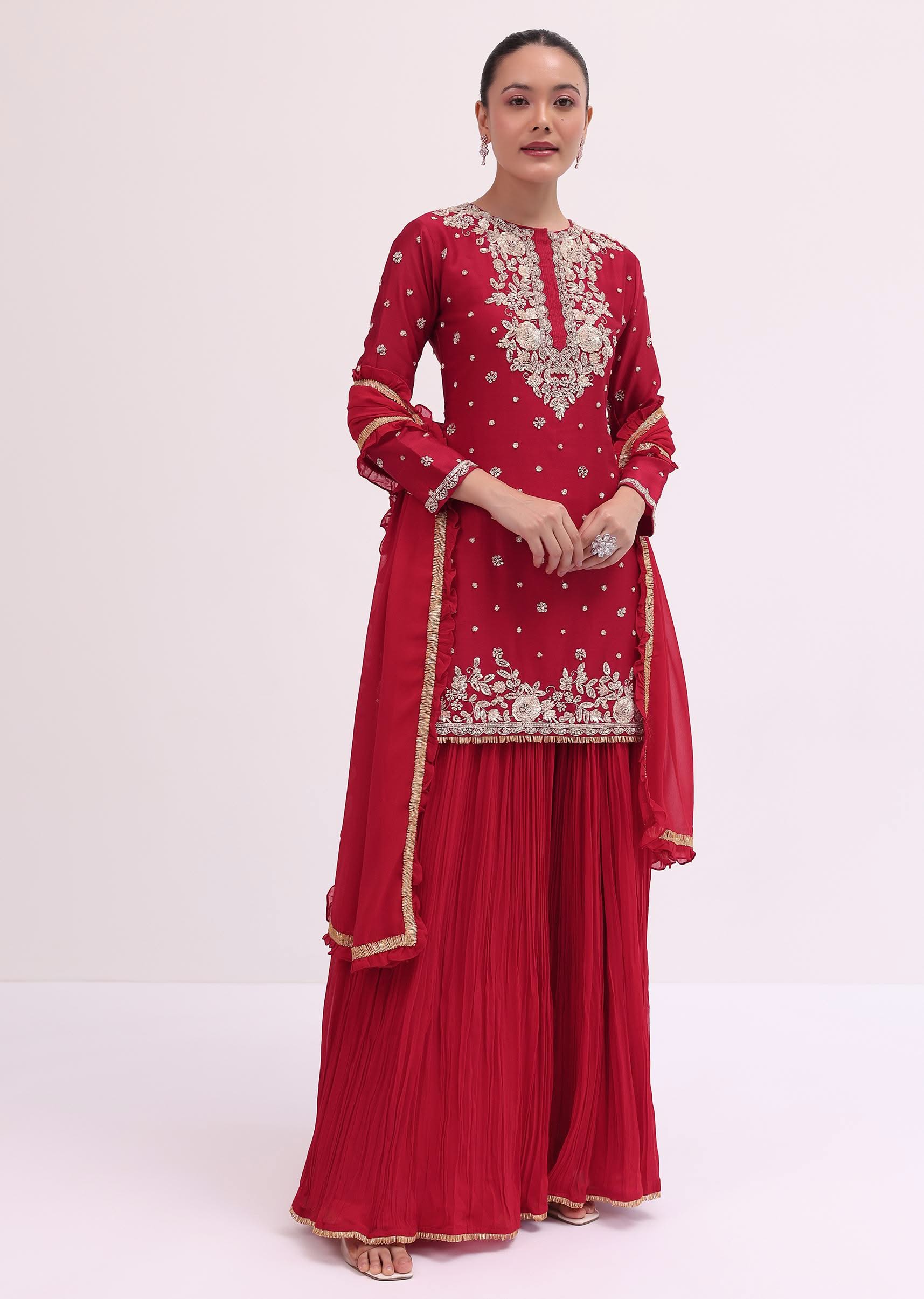 Red Embroidered Silk Kurta Palazzo Set - Image 3