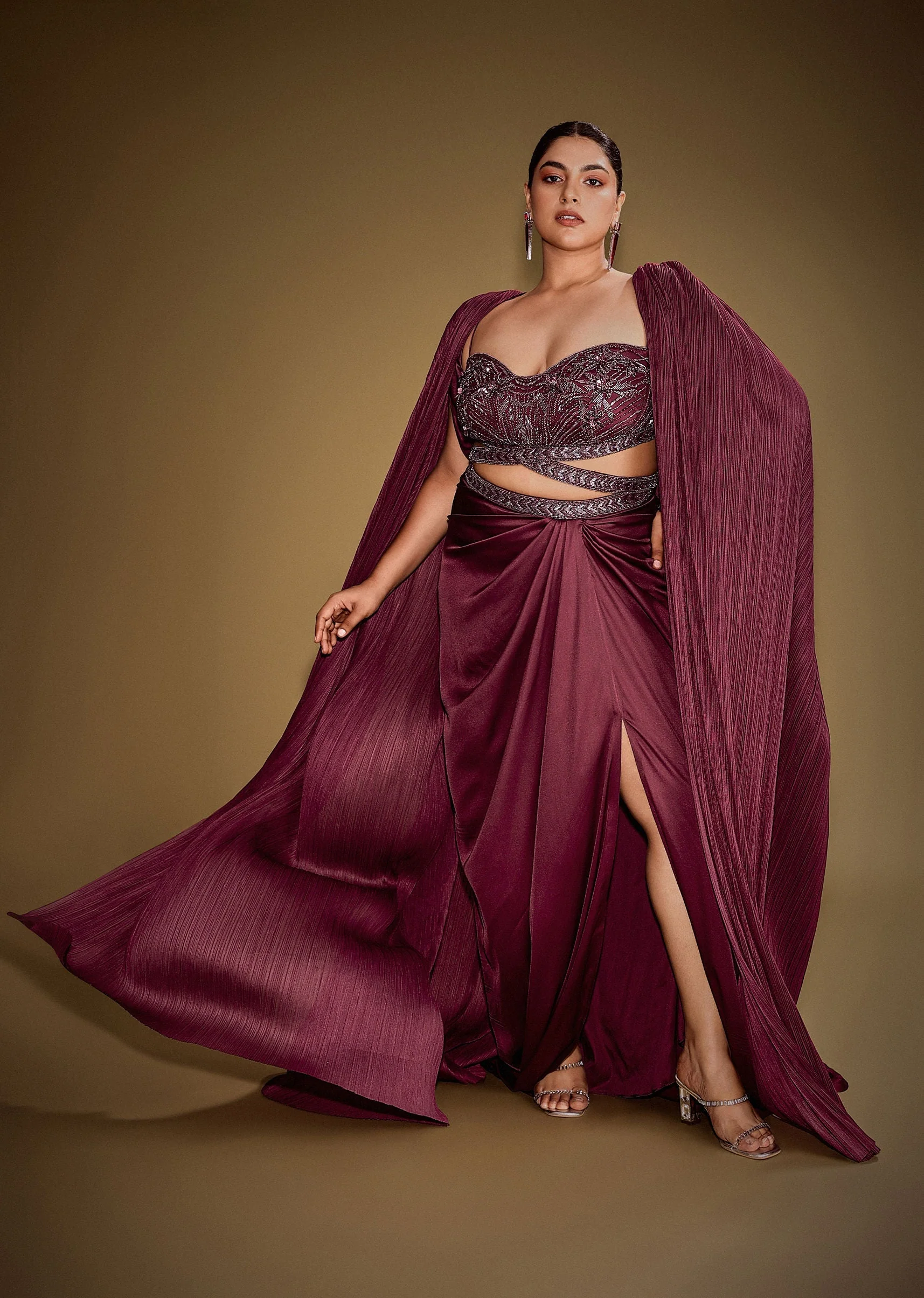 Red Hand Embroidered Blouse With Drape Skirt And Crushed Cape - Image 3