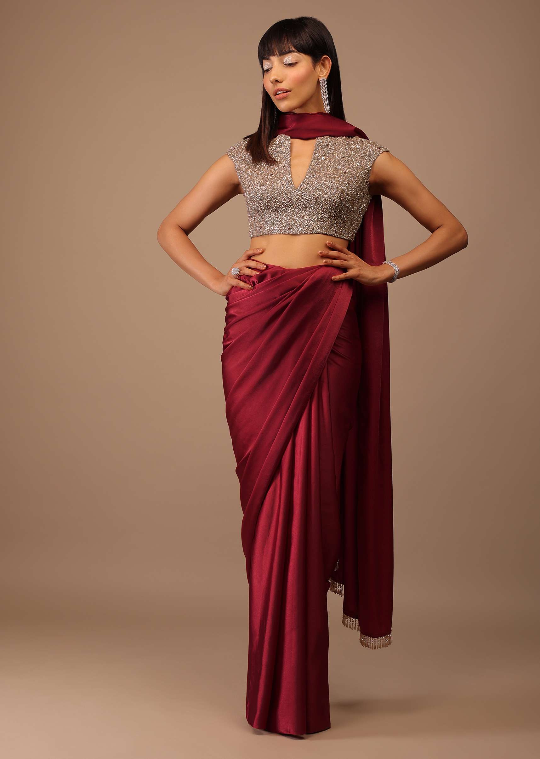 Valentine Red Milano Satin Saree With V Neck Hand Embroidered Crop Top - Image 4