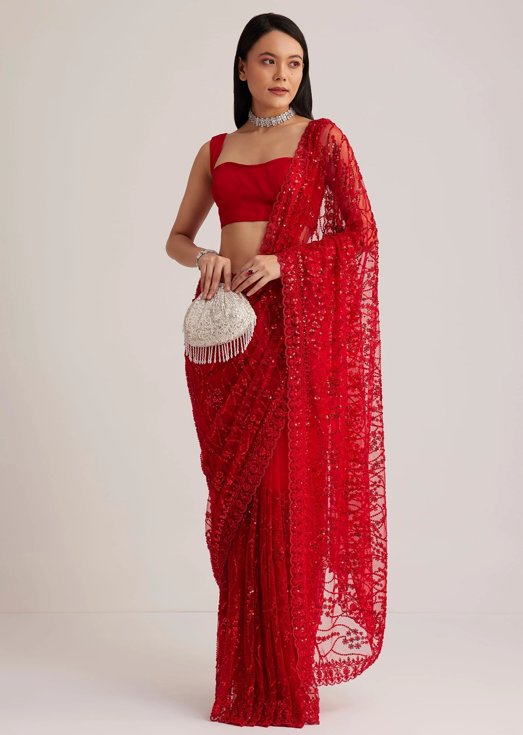 Red Net Saree With Sequins And Stone Detailing - Image 3