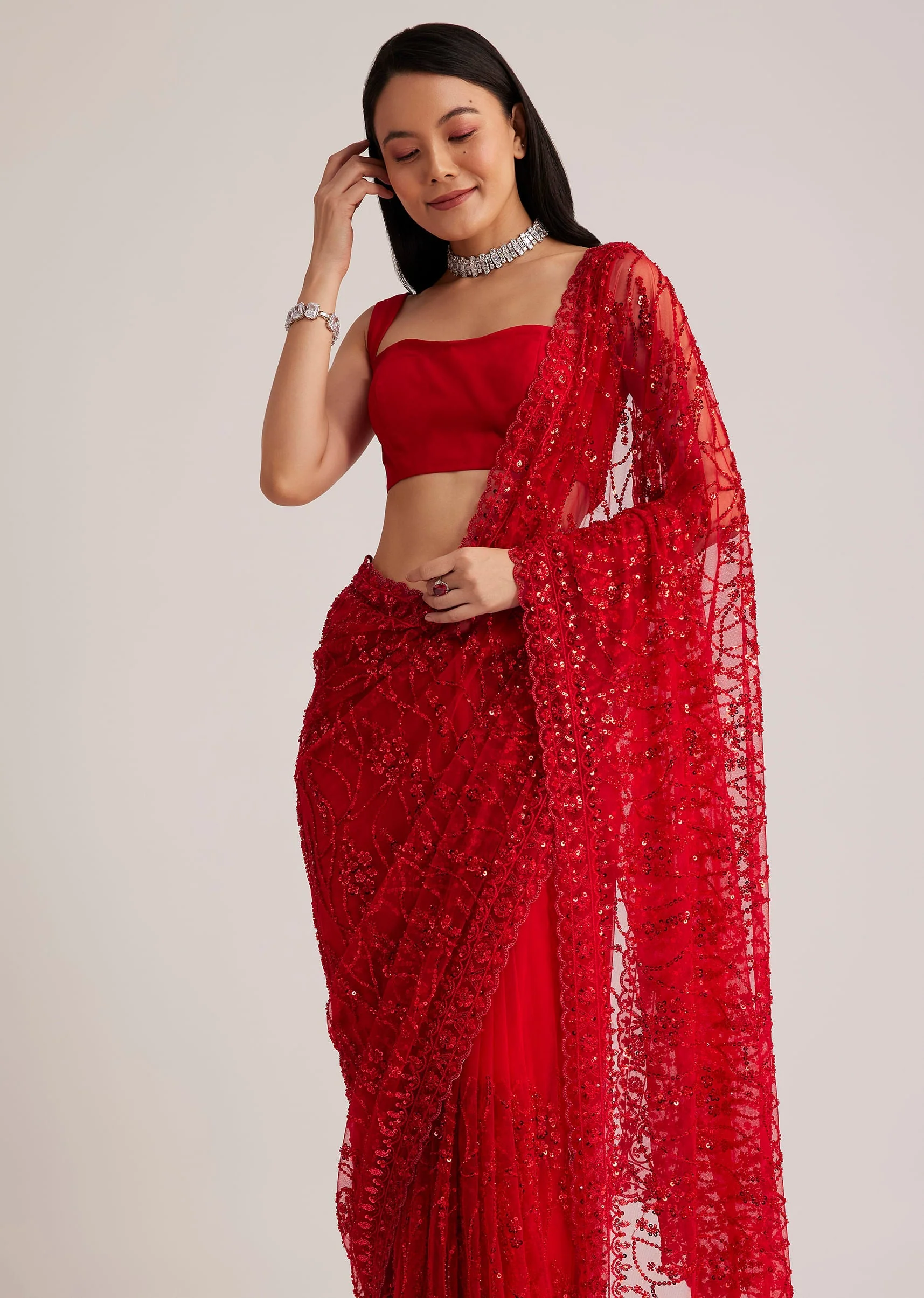 Red Net Saree With Sequins And Stone Detailing - Image 5
