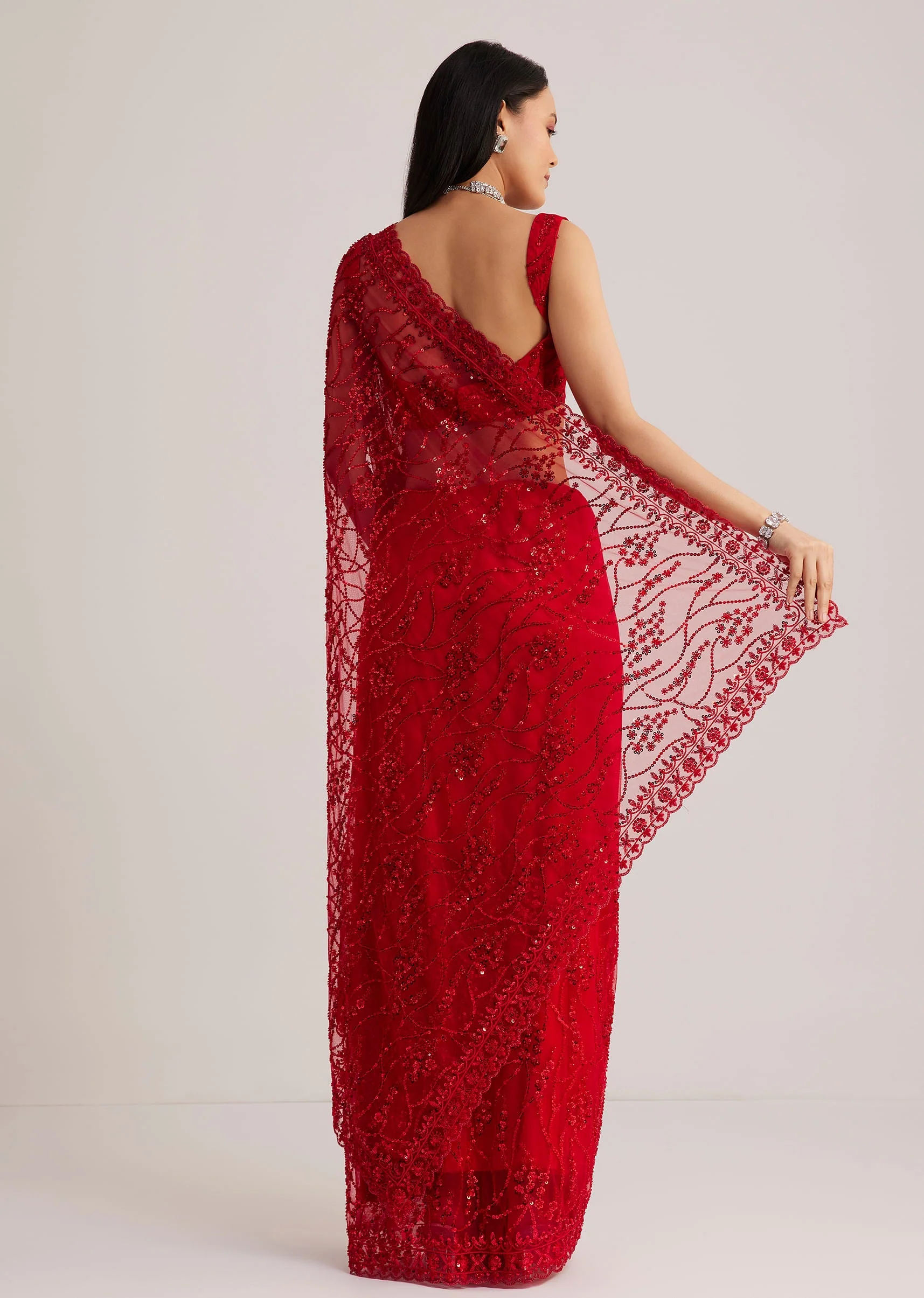 Red Net Saree With Sequins And Stone Detailing - Image 6