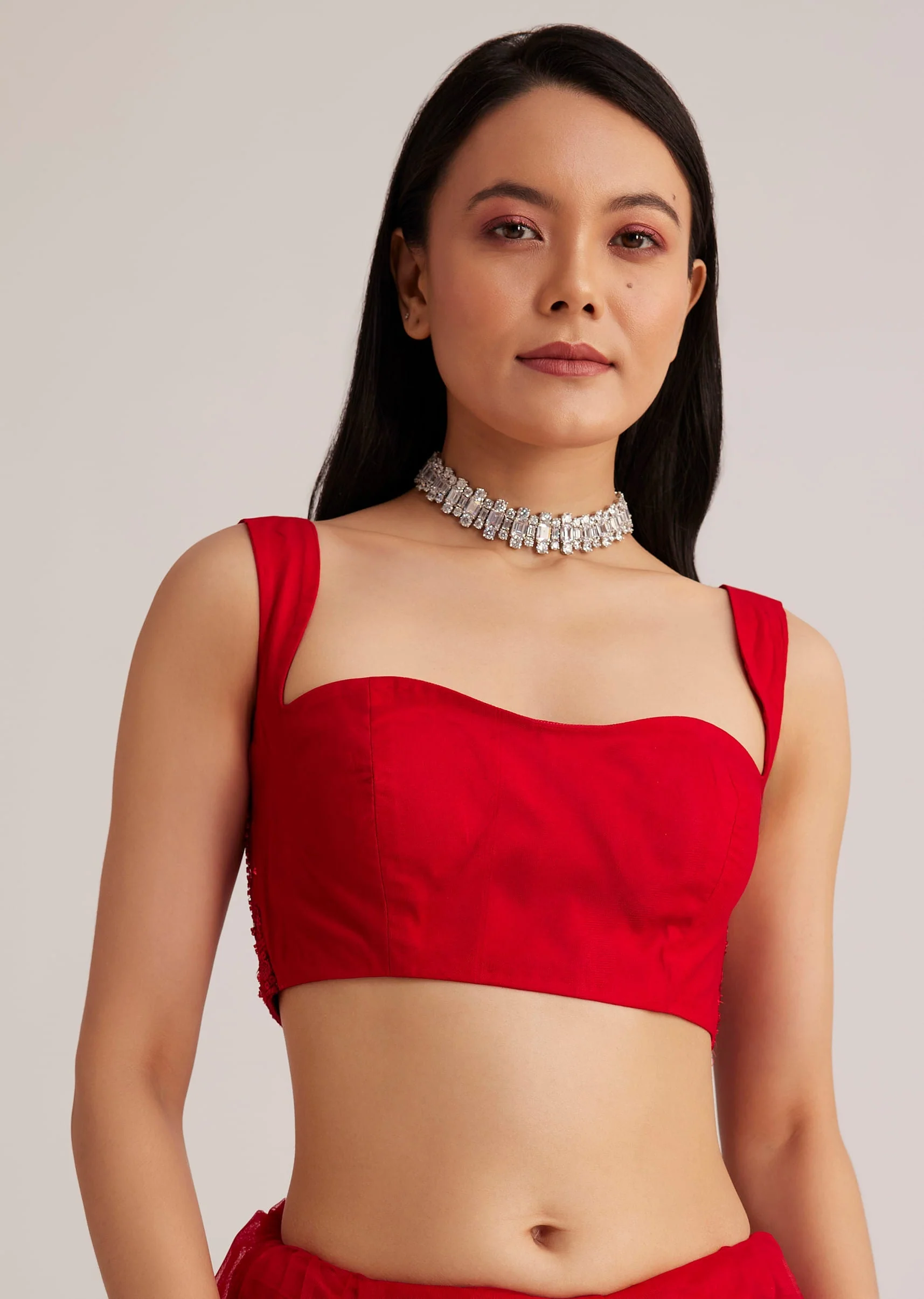 Red Net Saree With Sequins And Stone Detailing - Image 7
