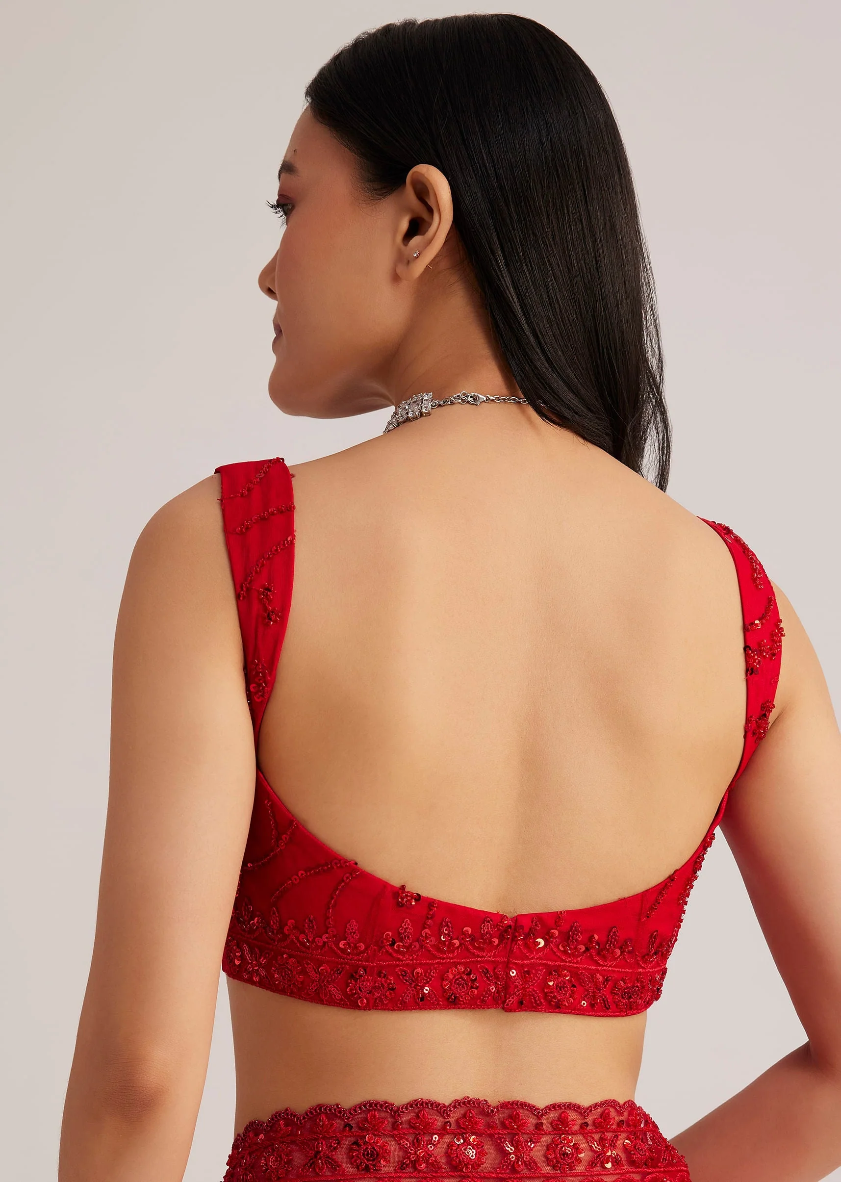 Red Net Saree With Sequins And Stone Detailing - Image 8
