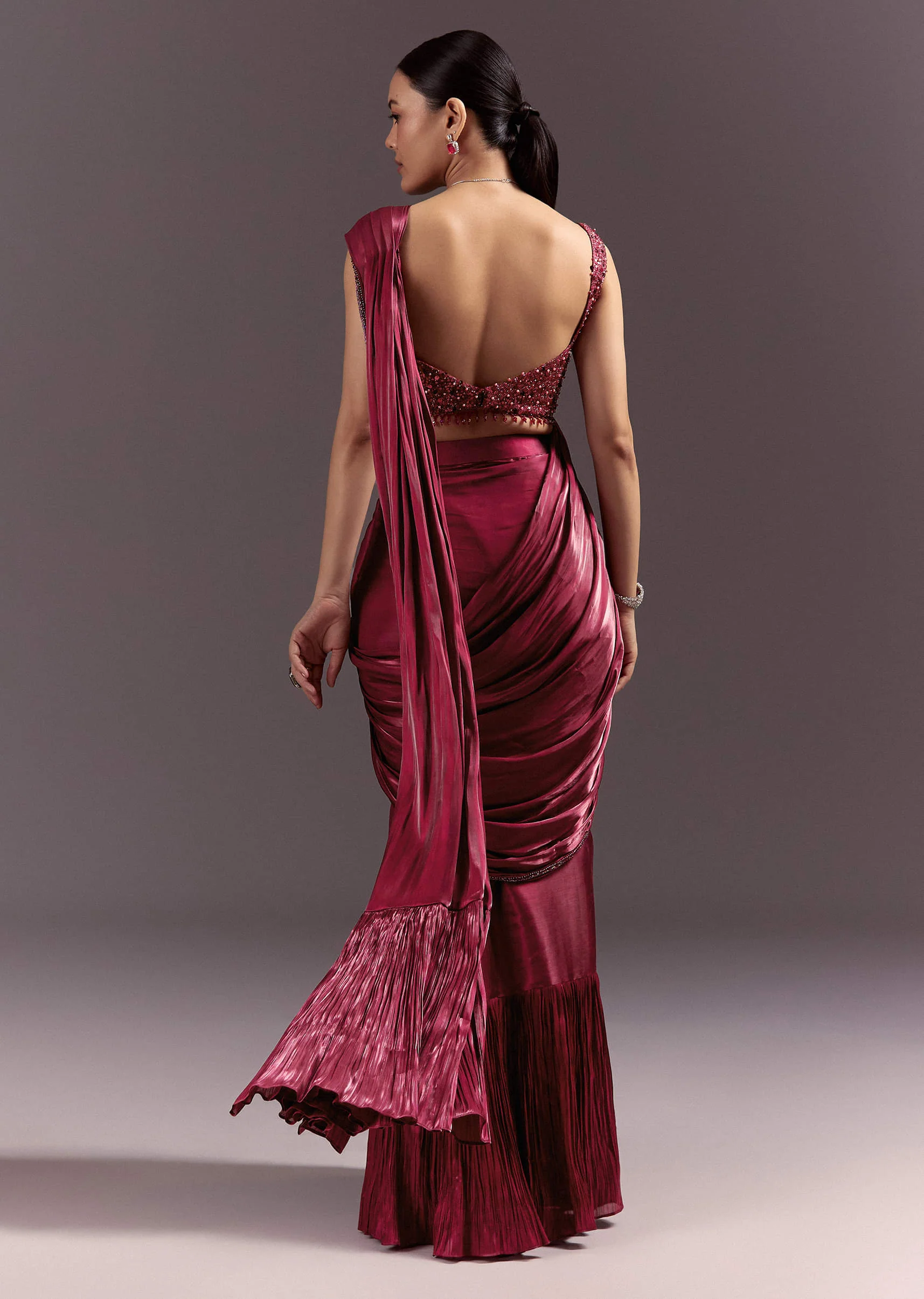 Red Pre Stitched Saree With Sleeveless V Neck Blouse - Image 5