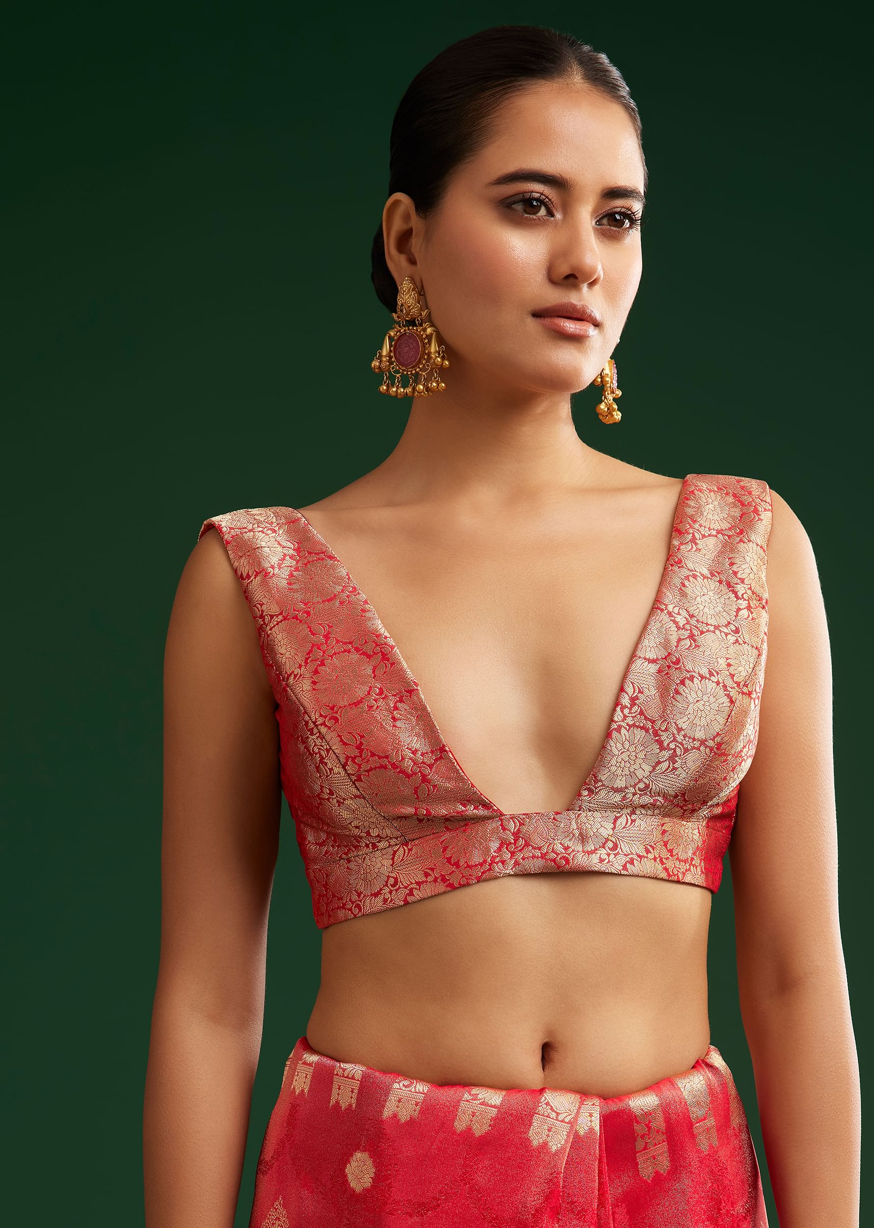 Red Saree With Zari Motif and Heavy Embroidered Blouse - Image 7