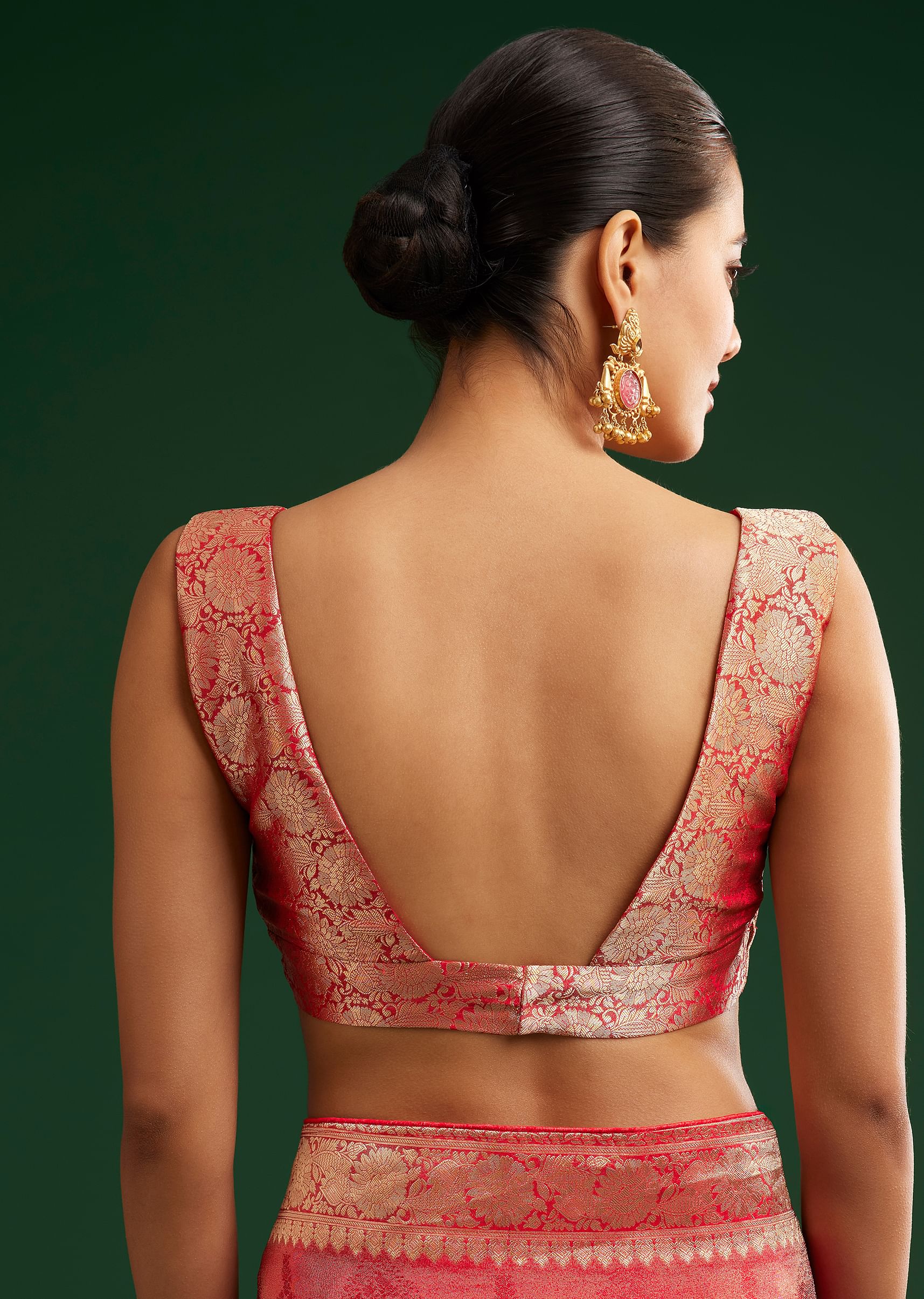 Red Saree With Zari Motif and Heavy Embroidered Blouse - Image 8