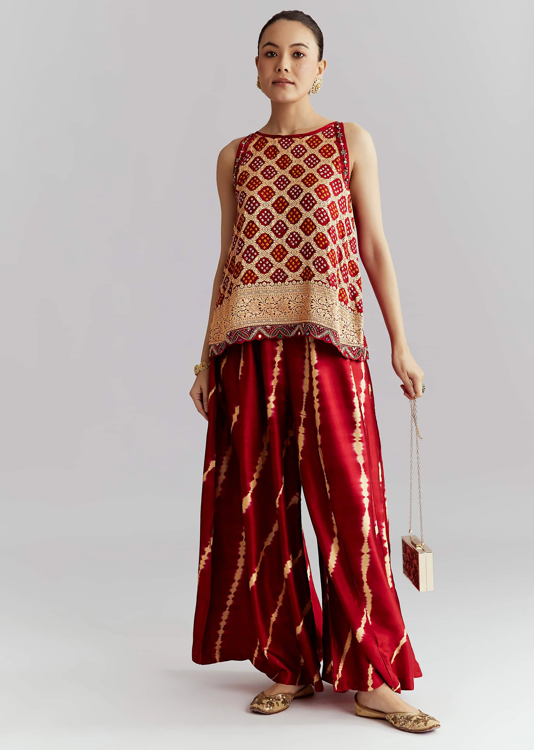 Red Satin Co Ord Set With Bandhani And Leheriya Print - Image 3