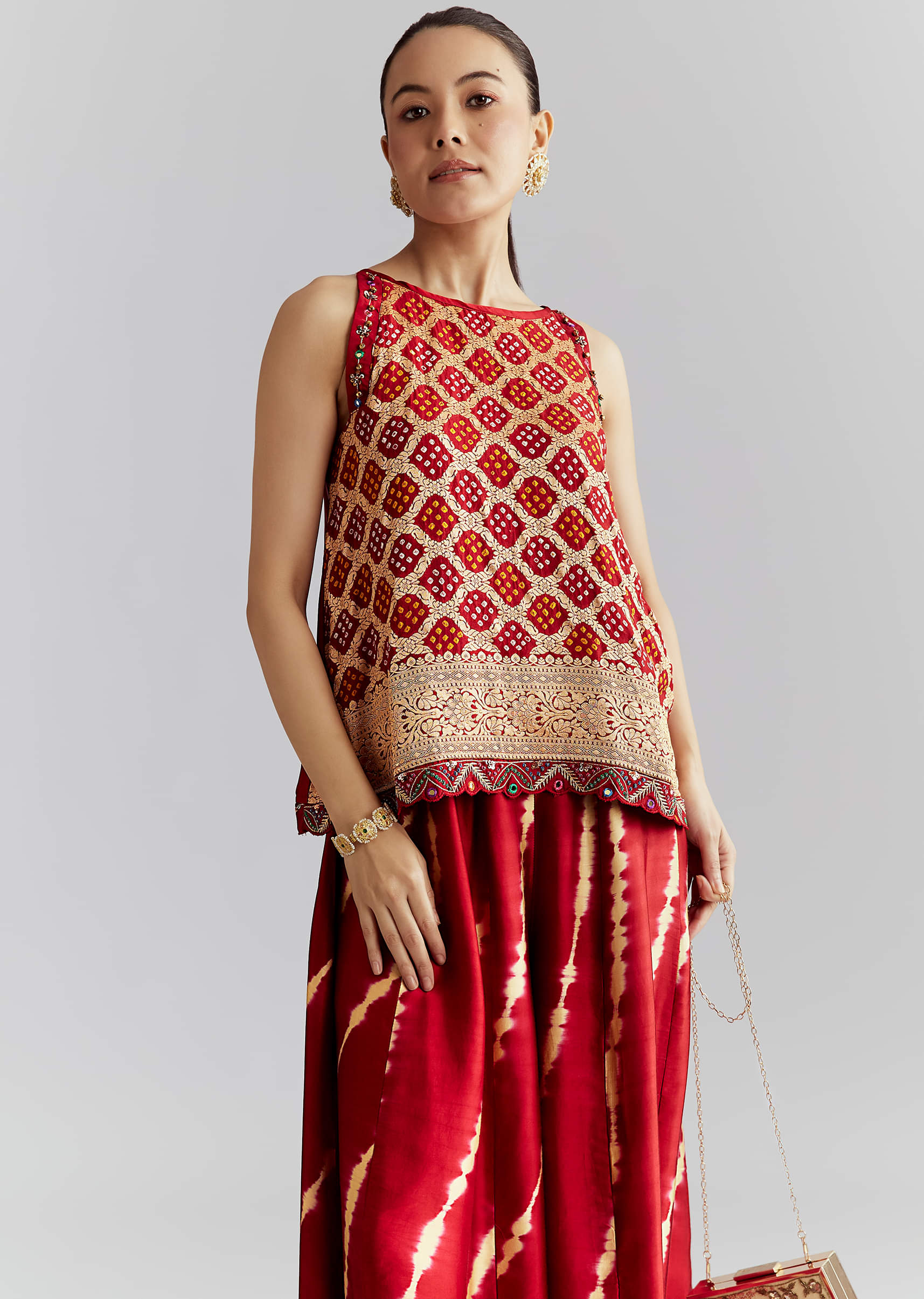 Red Satin Co Ord Set With Bandhani And Leheriya Print - Image 4
