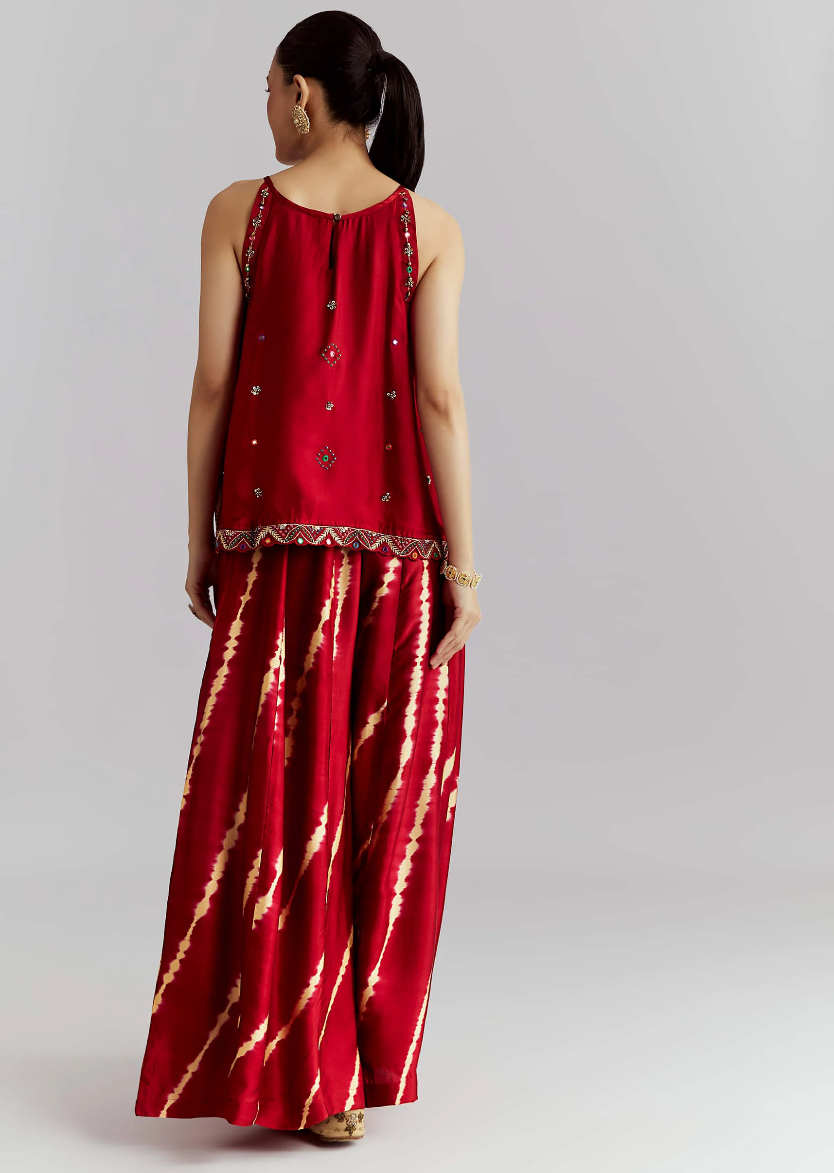 Red Satin Co Ord Set With Bandhani And Leheriya Print - Image 5