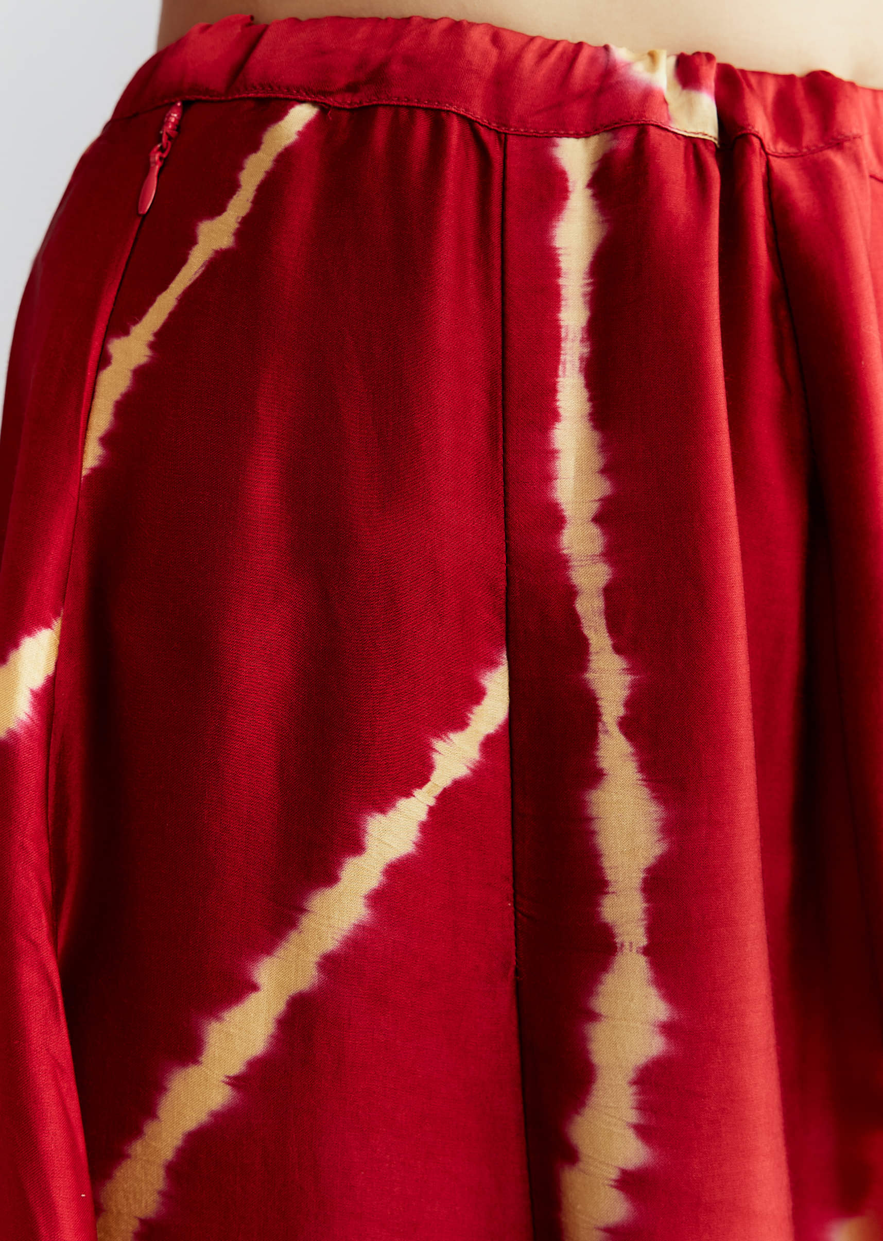 Red Satin Co Ord Set With Bandhani And Leheriya Print - Image 6