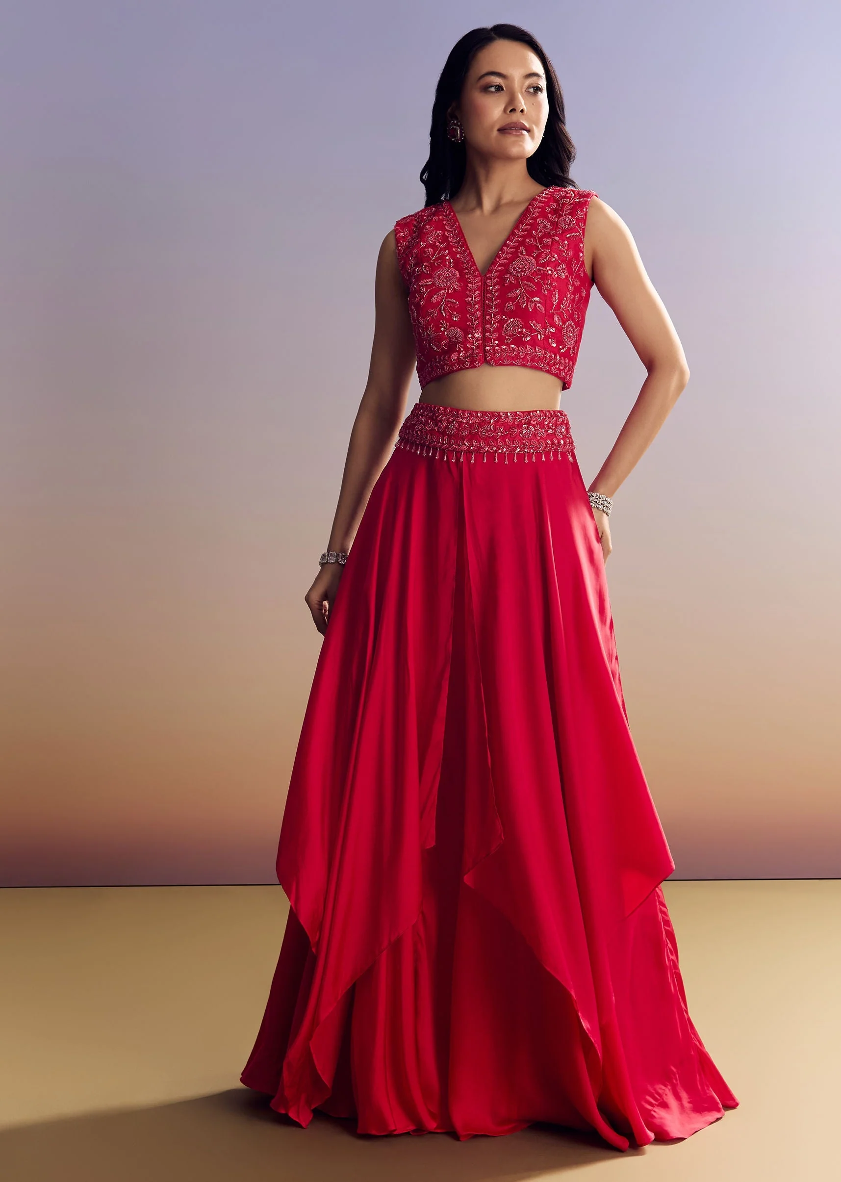 Red Satin Crop Top Set With Embroidered Organza Cape - Image 6