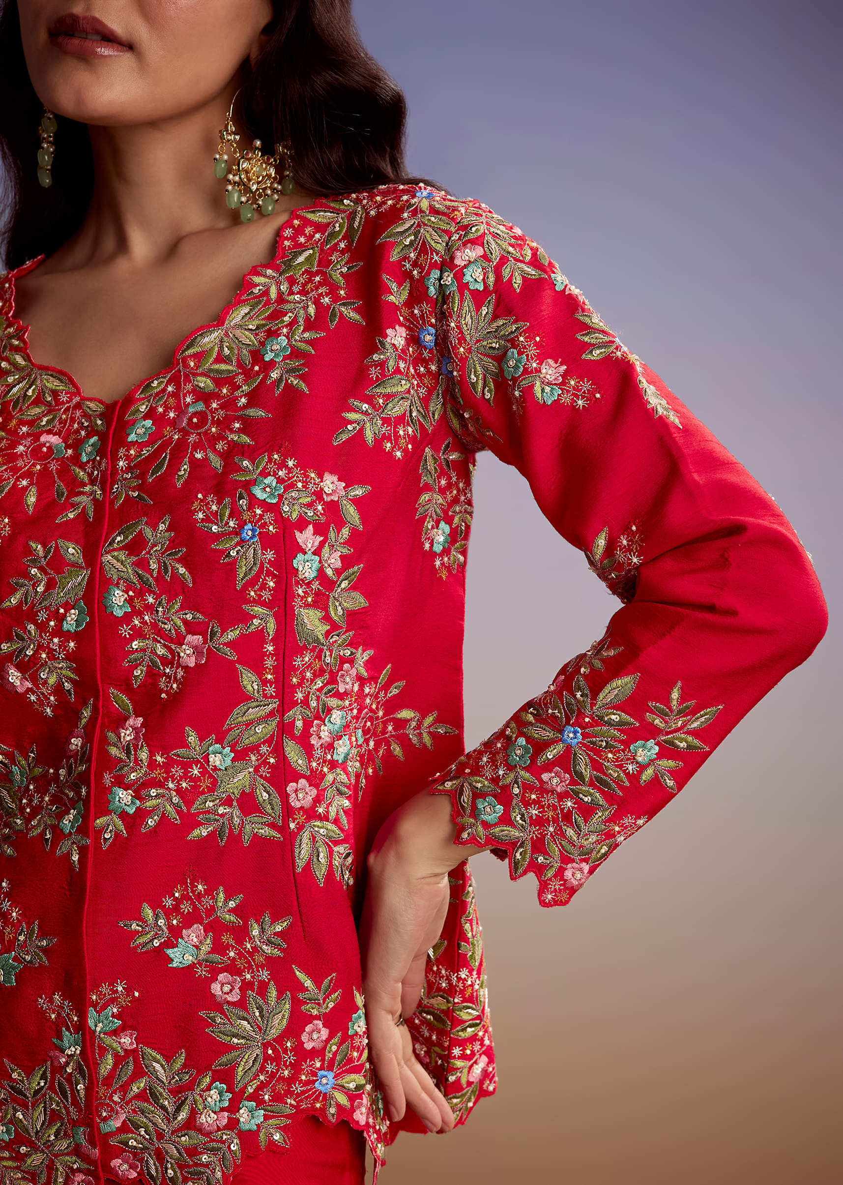 Red Silk Crop Top Skirt With Resham Work - Image 2