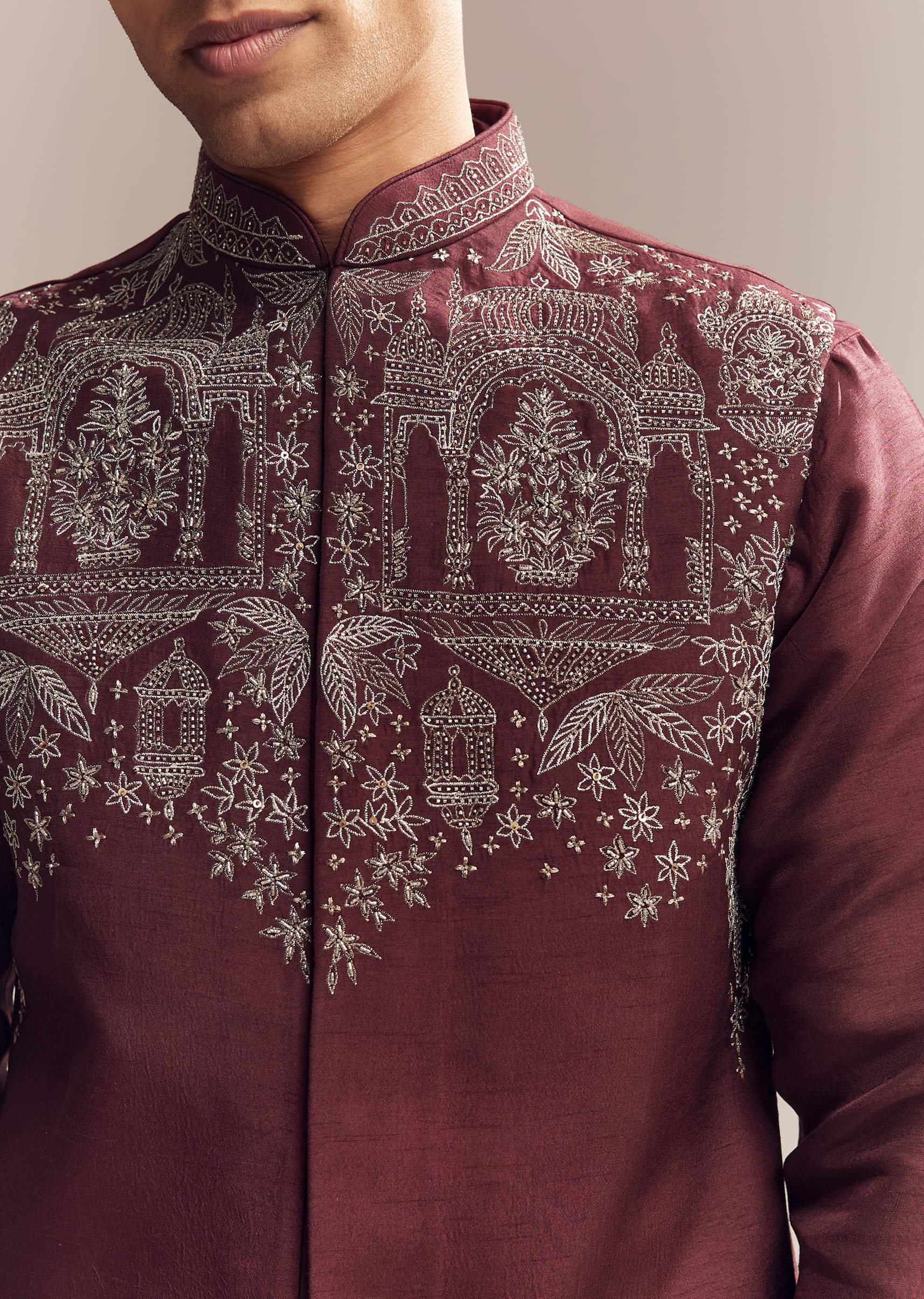 Red Silk Kurta Jacket Set For Men With Heavy Hand Work - Image 2