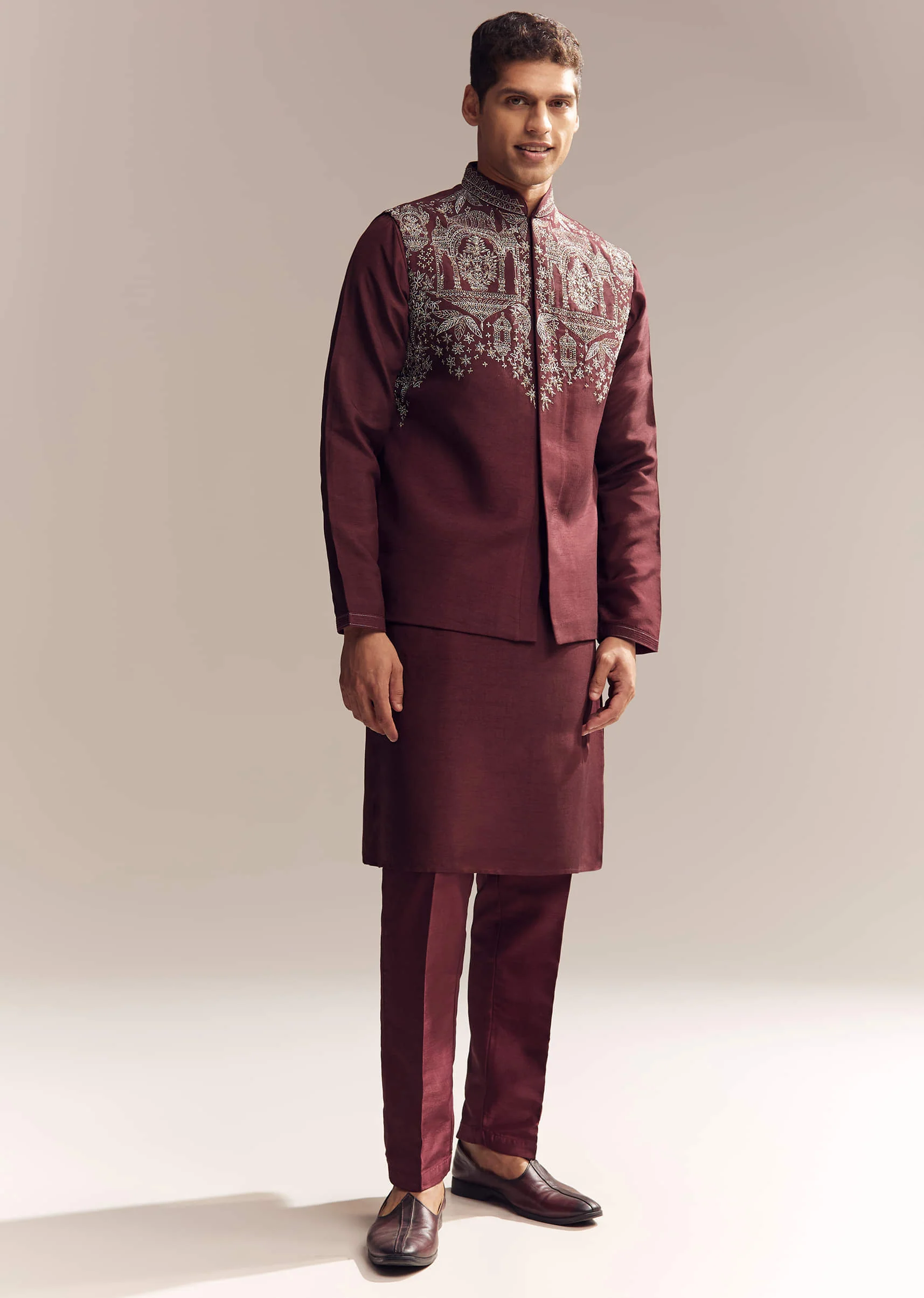 Red Silk Kurta Jacket Set For Men With Heavy Hand Work - Image 3
