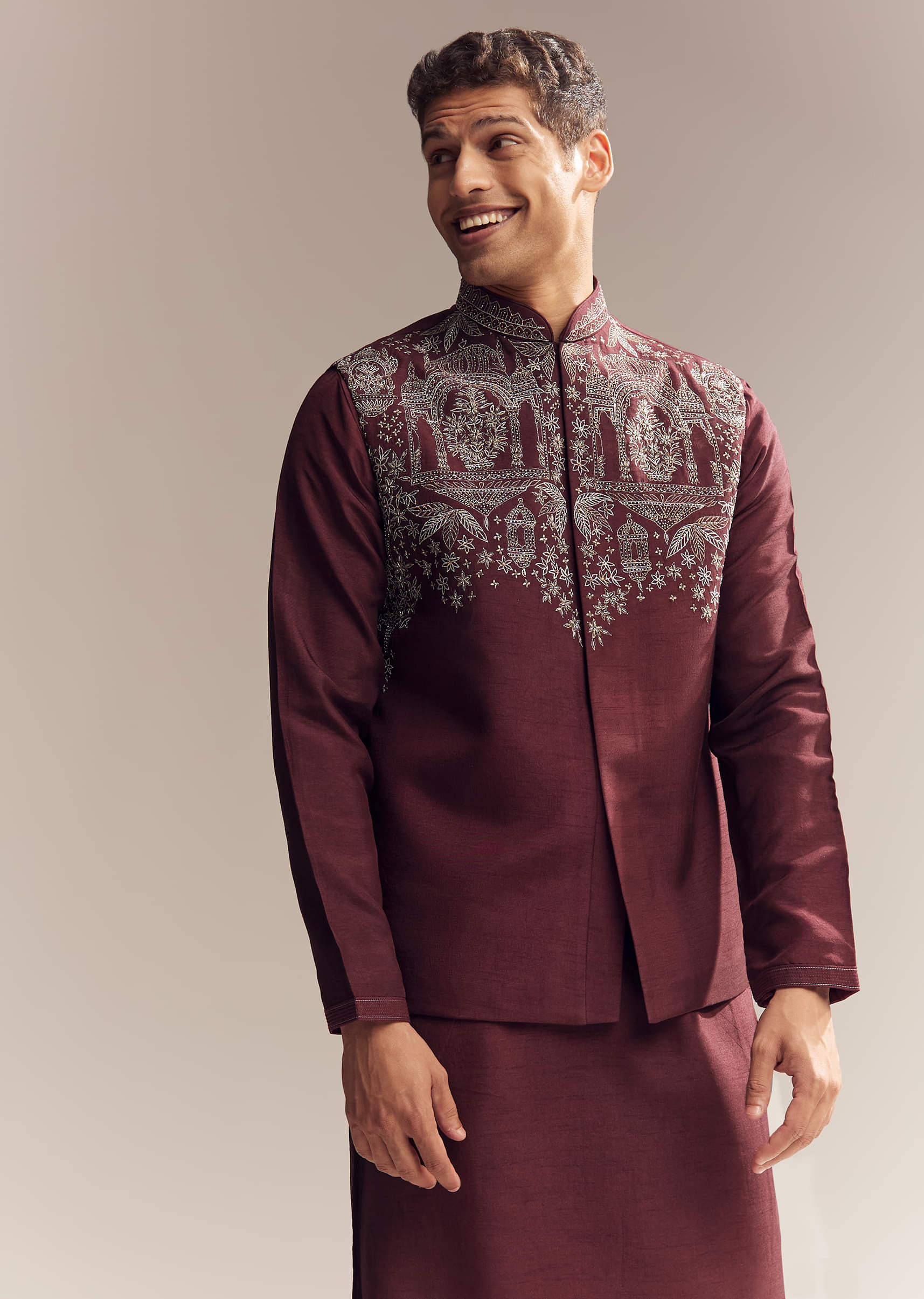 Red Silk Kurta Jacket Set For Men With Heavy Hand Work - Image 4
