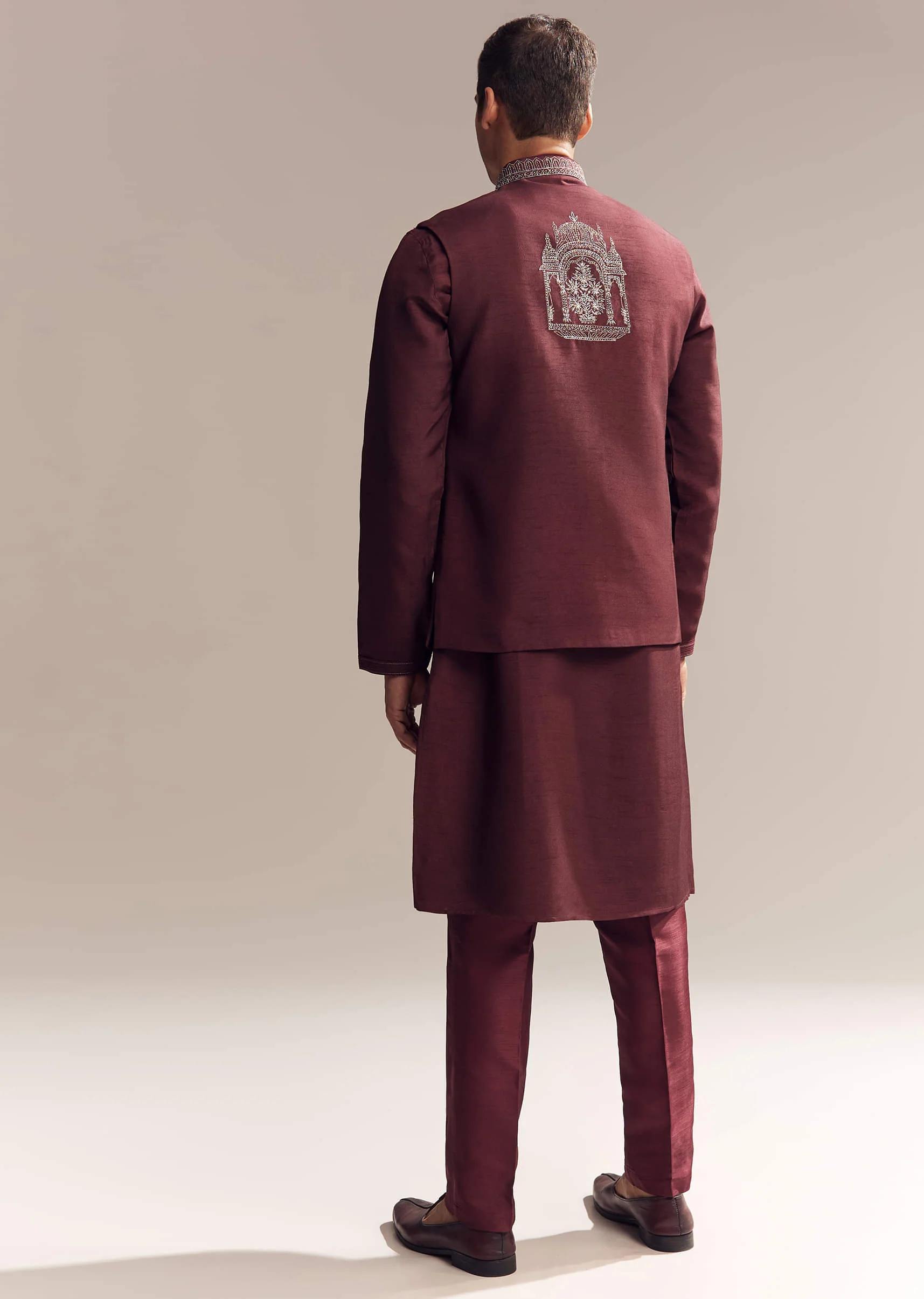 Red Silk Kurta Jacket Set For Men With Heavy Hand Work - Image 5
