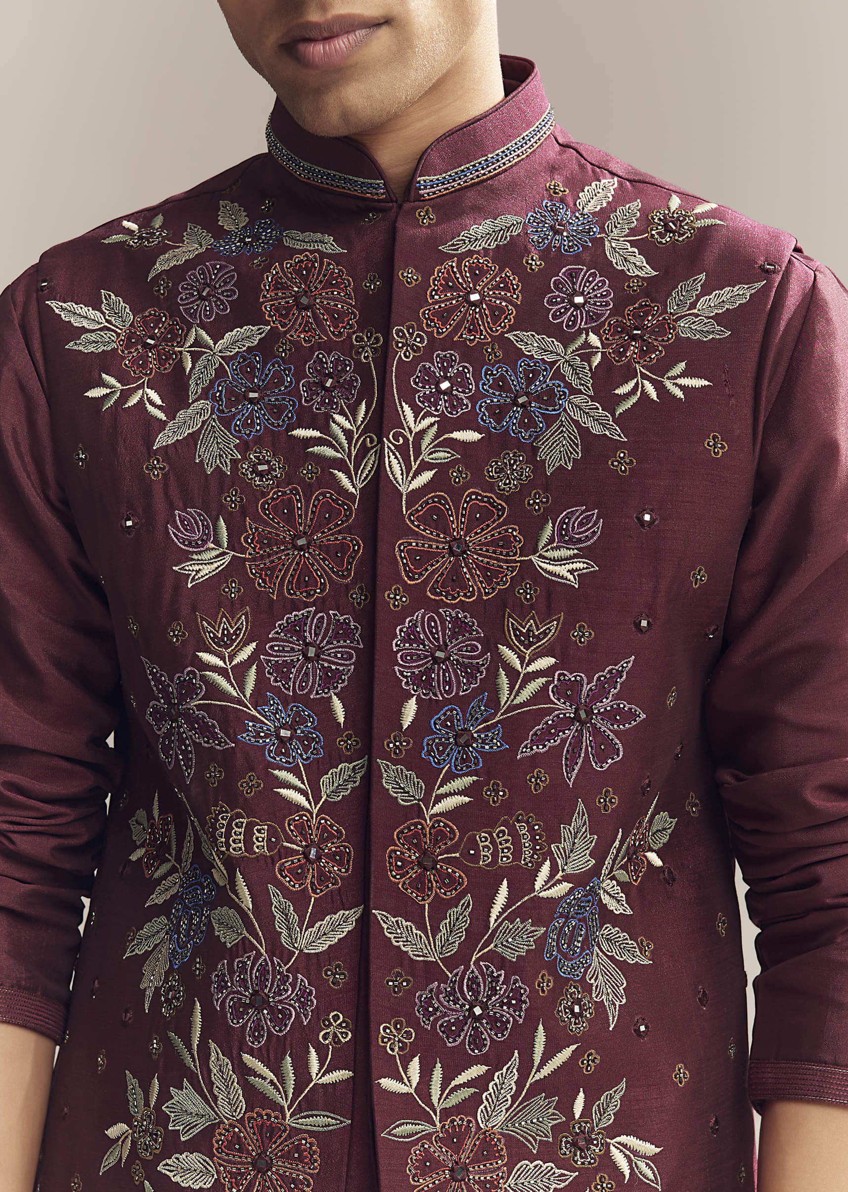 Red Silk Kurta Jacket Set For Men With Resham Embroidery - Image 2