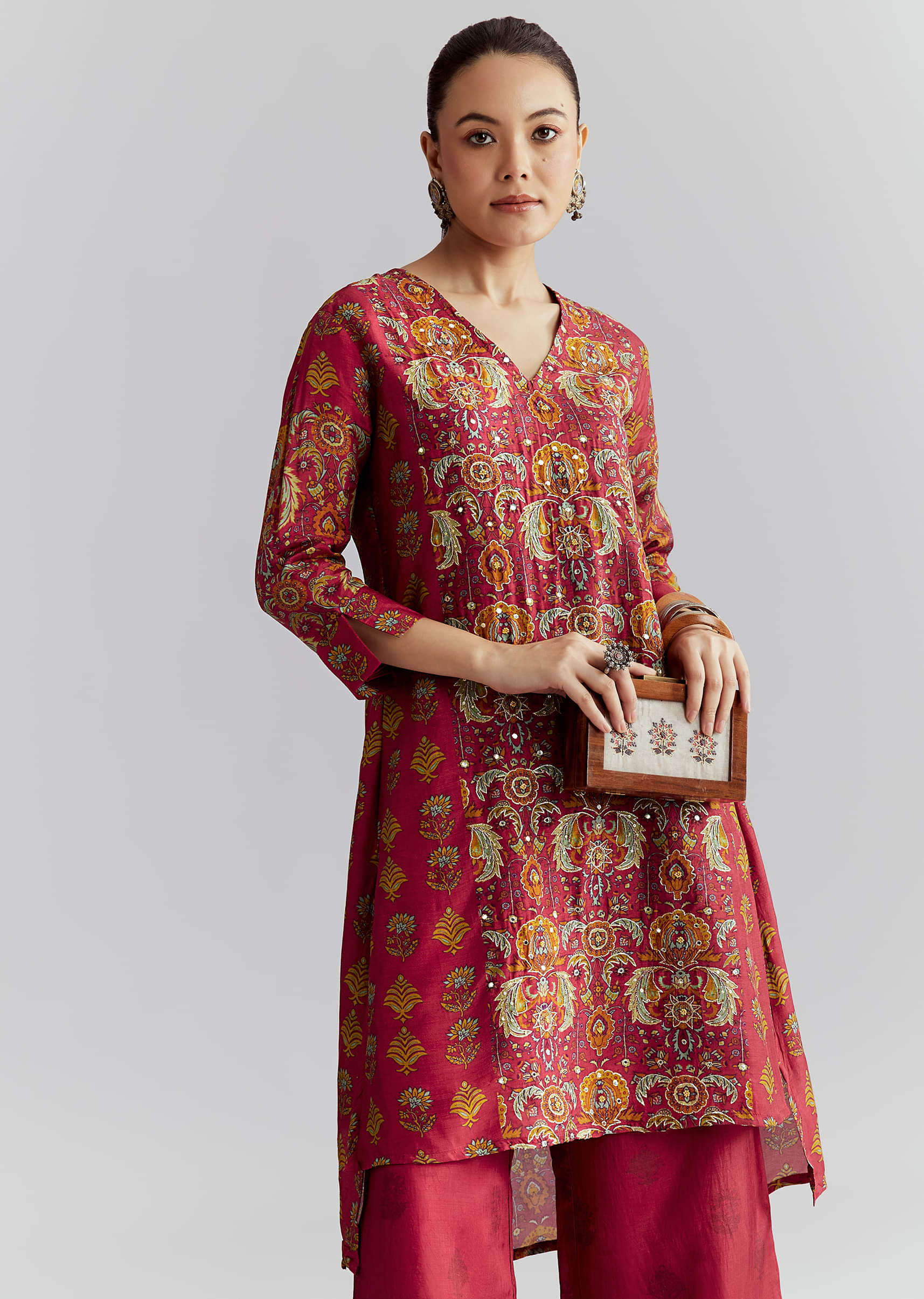 Red Silk Printed Co Ord Set With Heavy Embroidery - Image 4