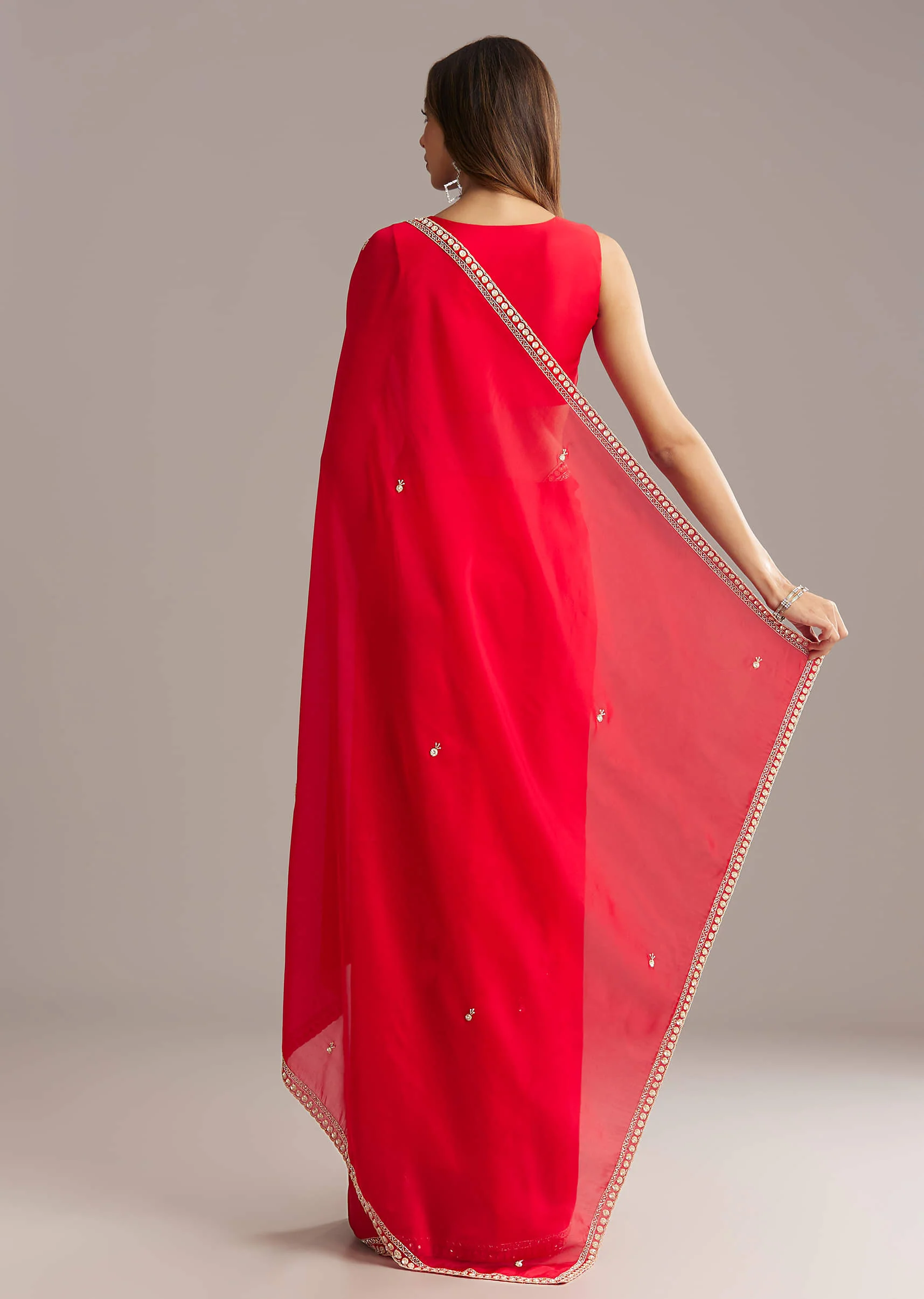Red Silk Saree With Stone And Cutdana Embroidery - Image 2