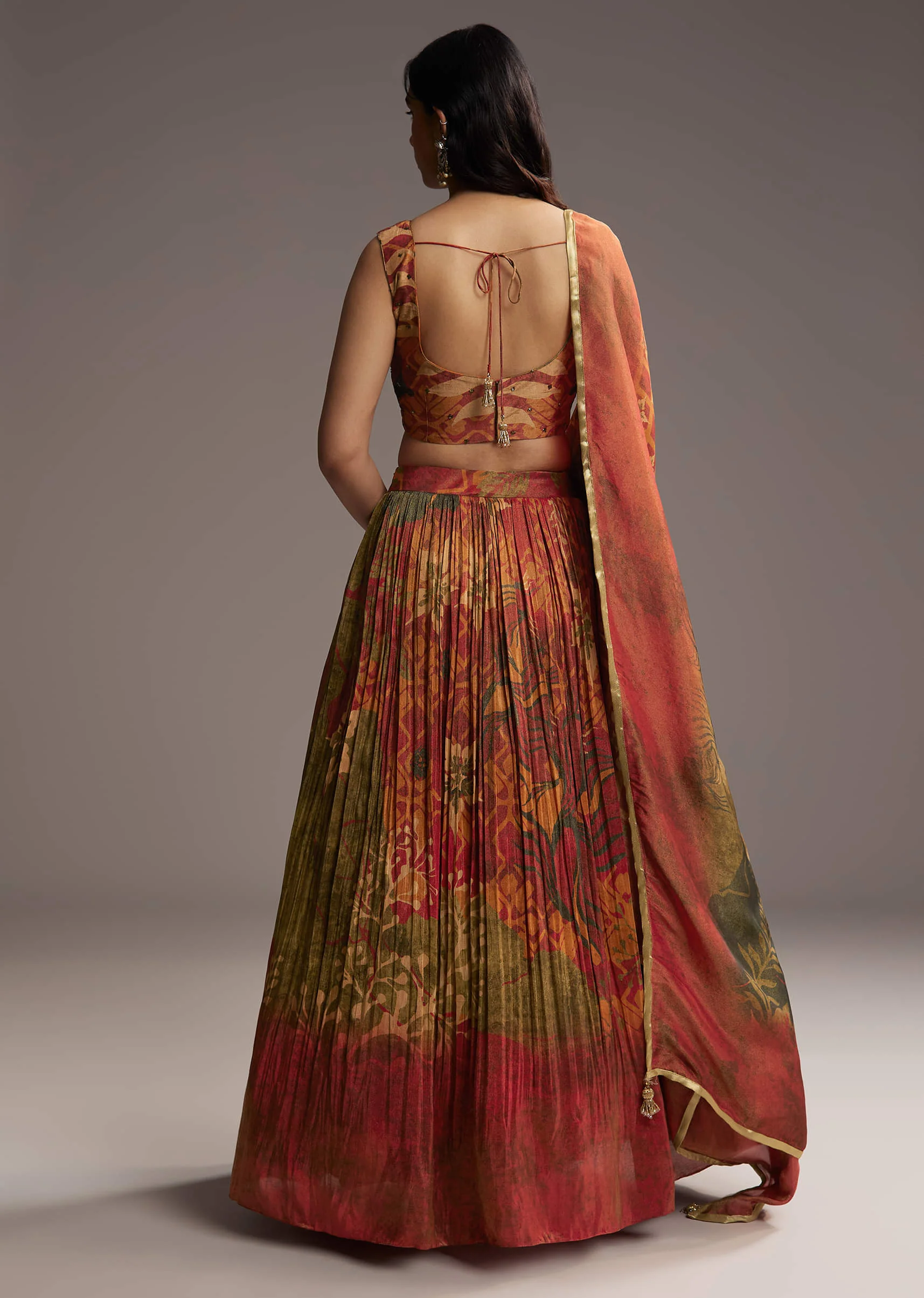 Rust Orange Tissue Lehenga Choli With Floral Print - Image 5