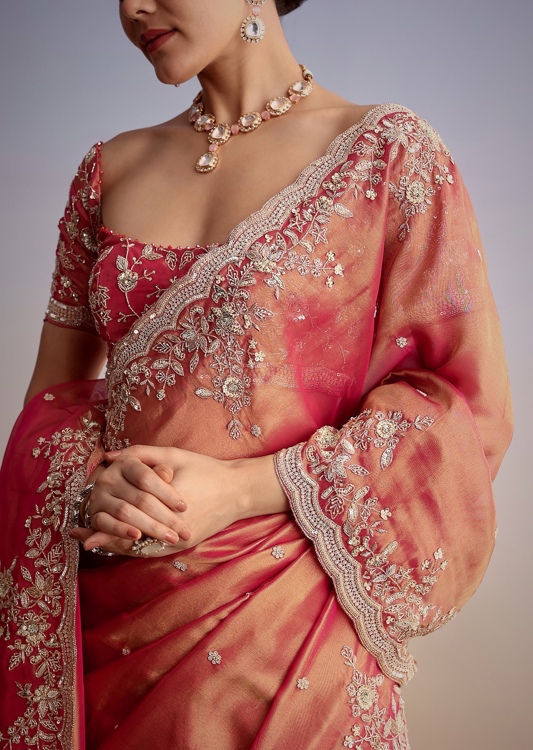 Rust Pink Tissue Saree With Zardosi Cutdana Embroidery - Image 10
