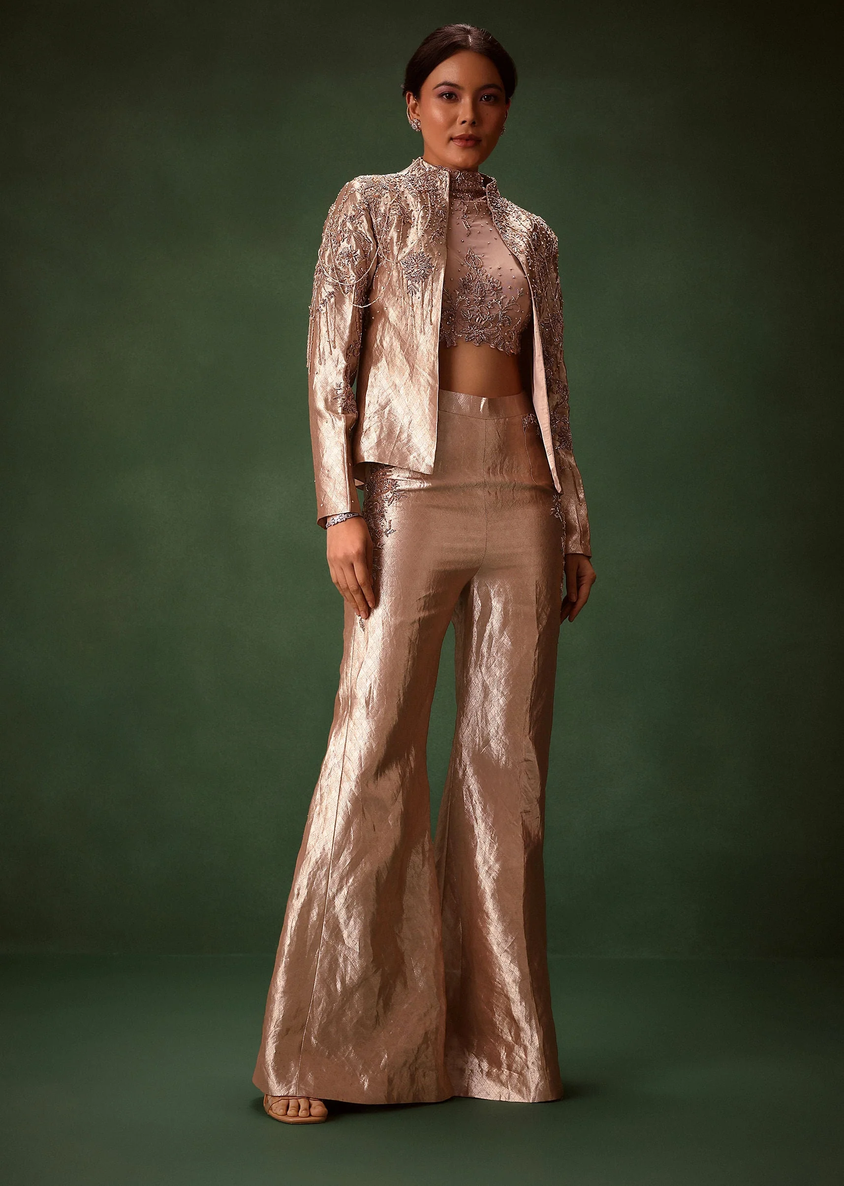 Rust Stretch Net Bell Bottom Set With Embroidered Blazer And Polo Neck Top