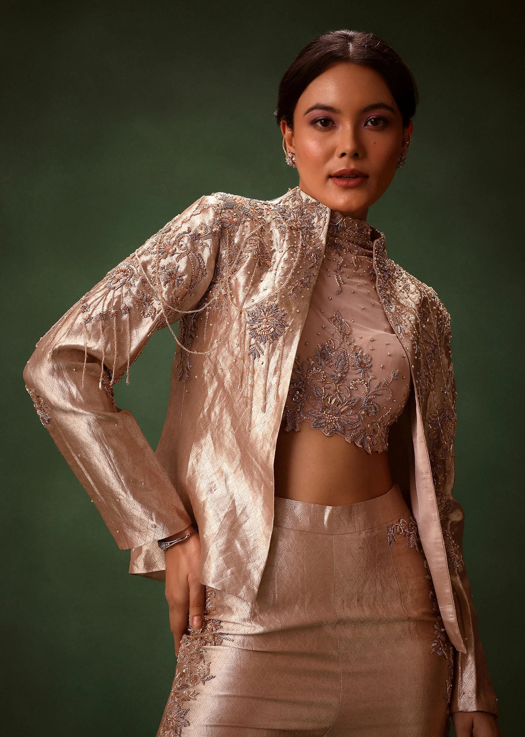 Rust Stretch Net Bell Bottom Set With Embroidered Blazer And Polo Neck Top - Image 5