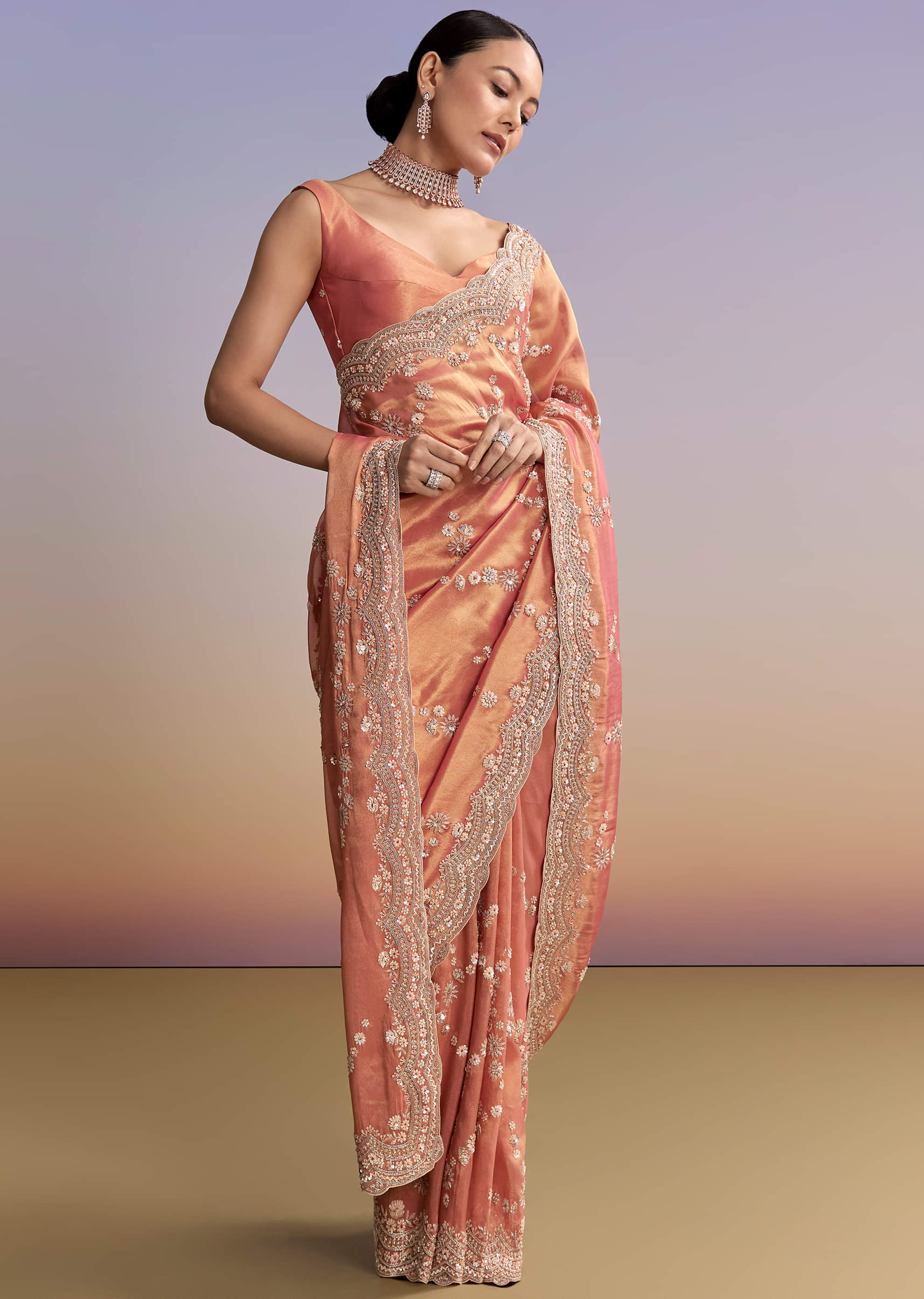Rust Tissue Embroidered Saree With Cutdana And Stone Work - Image 10