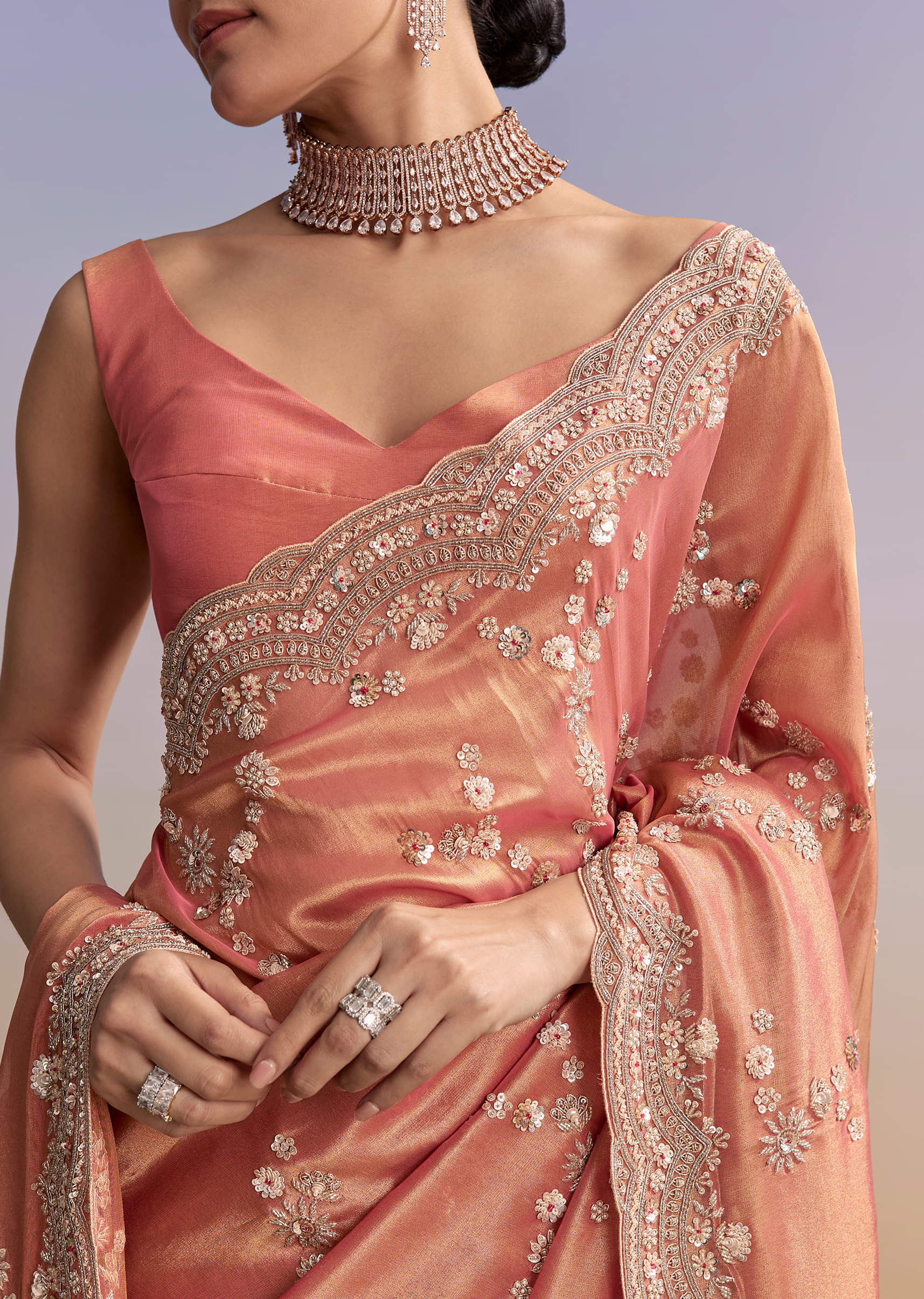 Rust Tissue Embroidered Saree With Cutdana And Stone Work - Image 2