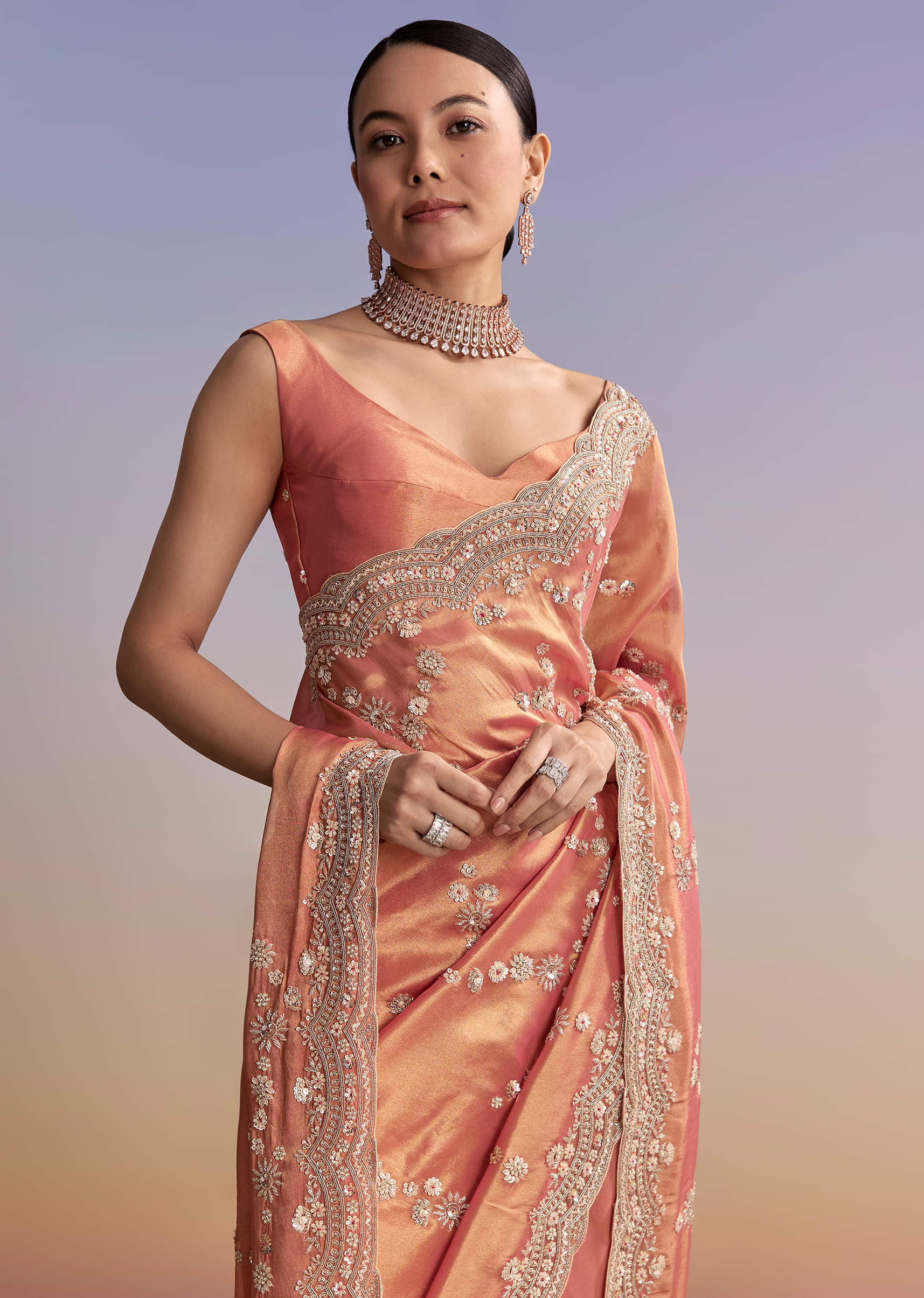 Rust Tissue Embroidered Saree With Cutdana And Stone Work - Image 5