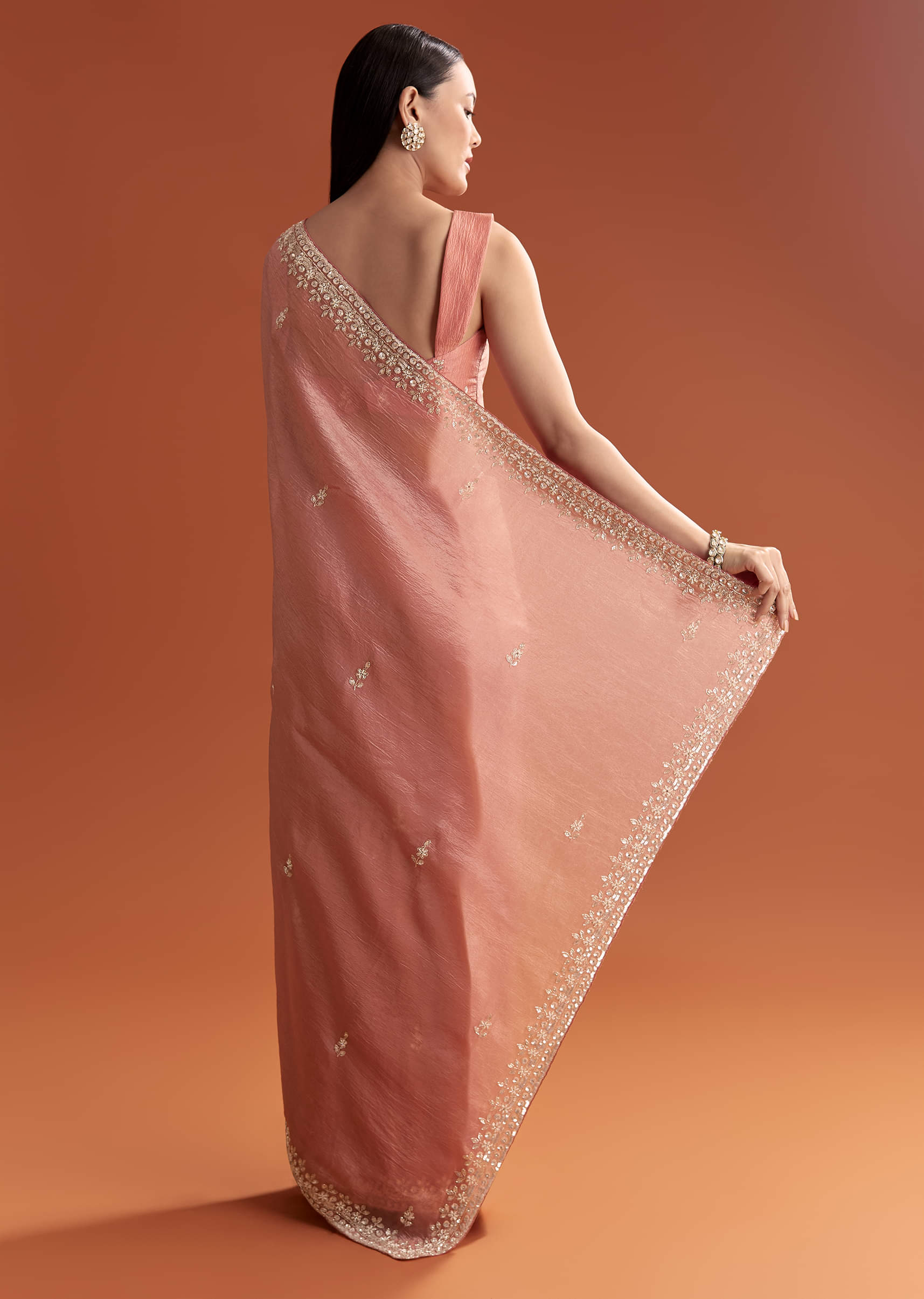Rust Tissue Saree With Butti And Border Embroidery - Image 2