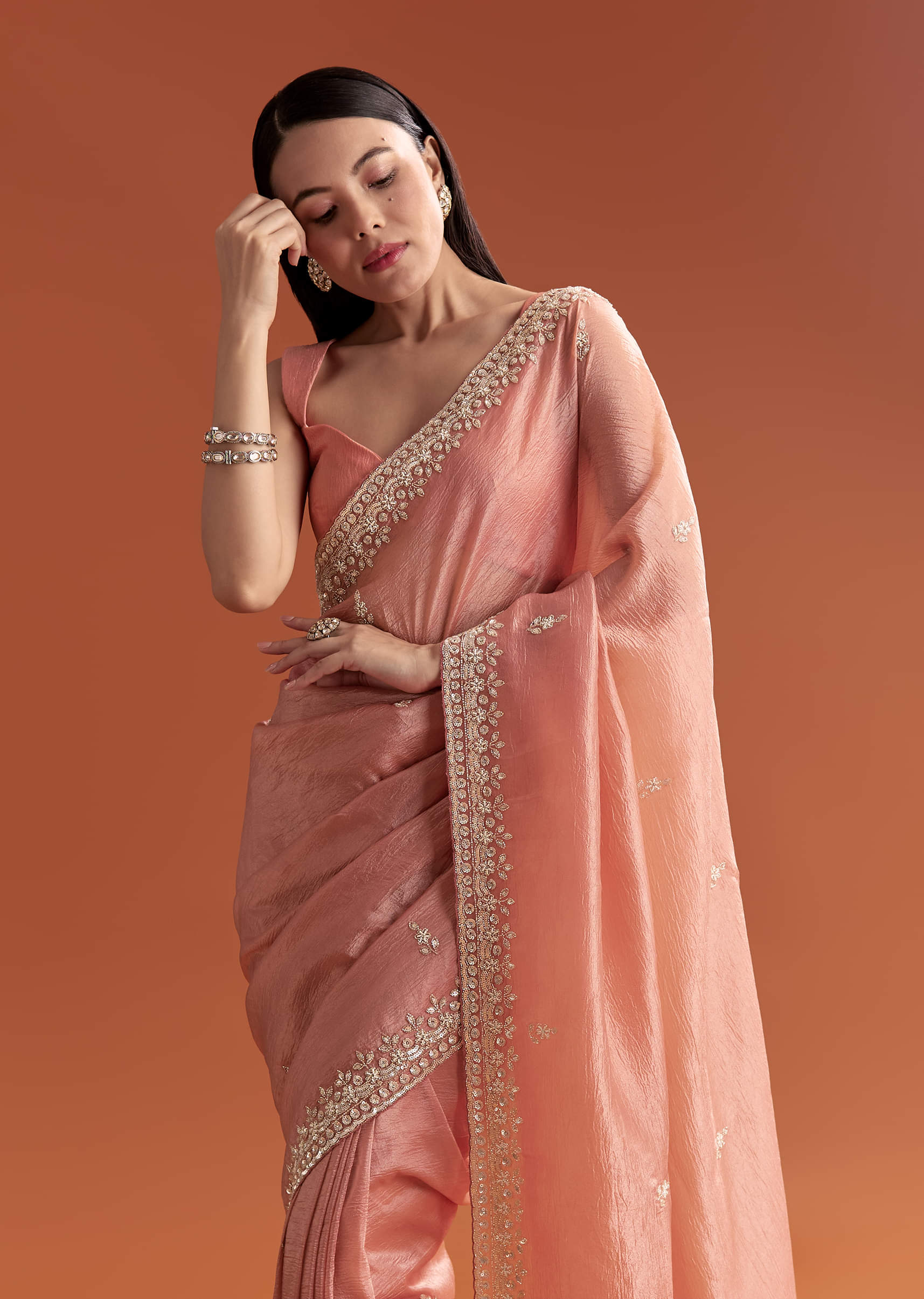 Rust Tissue Saree With Butti And Border Embroidery - Image 4
