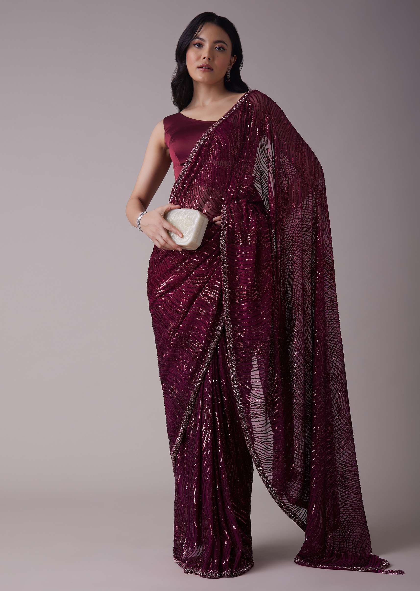 Mulberry Purple Sequins Saree With An Embellished Border - Image 3