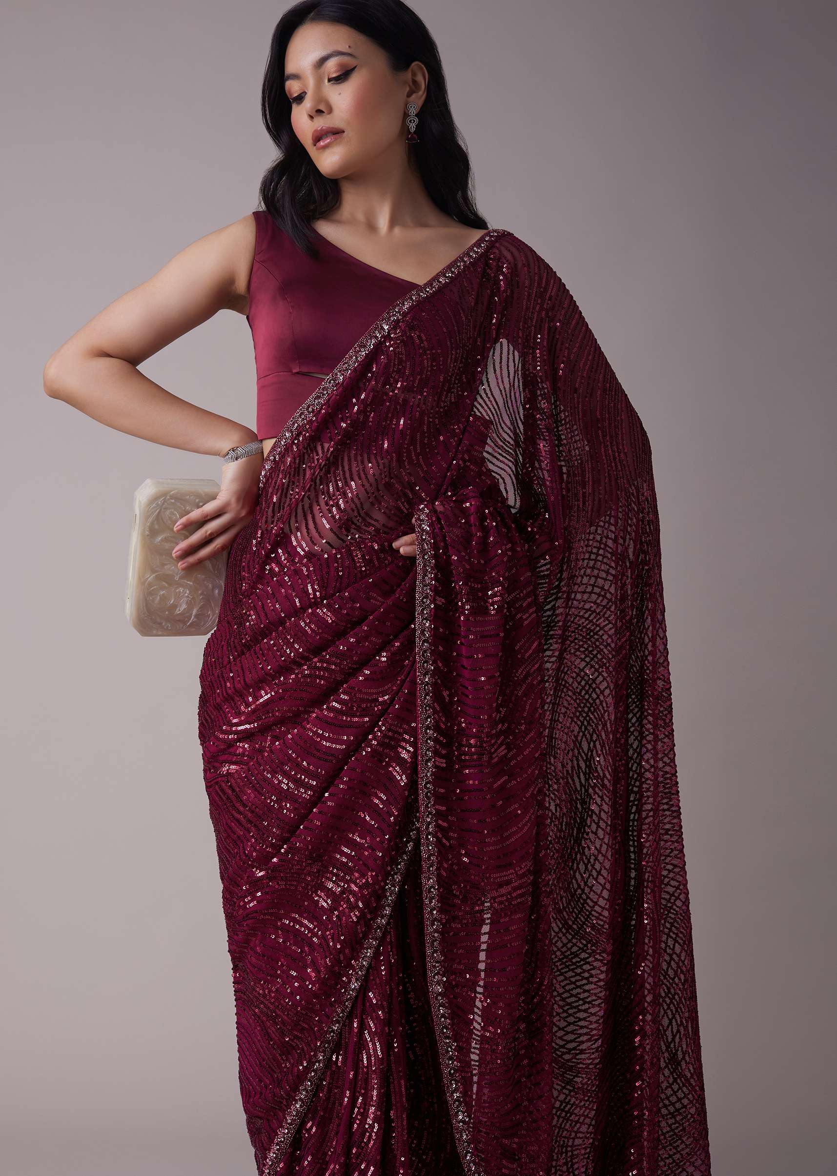 Mulberry Purple Sequins Saree With An Embellished Border - Image 4