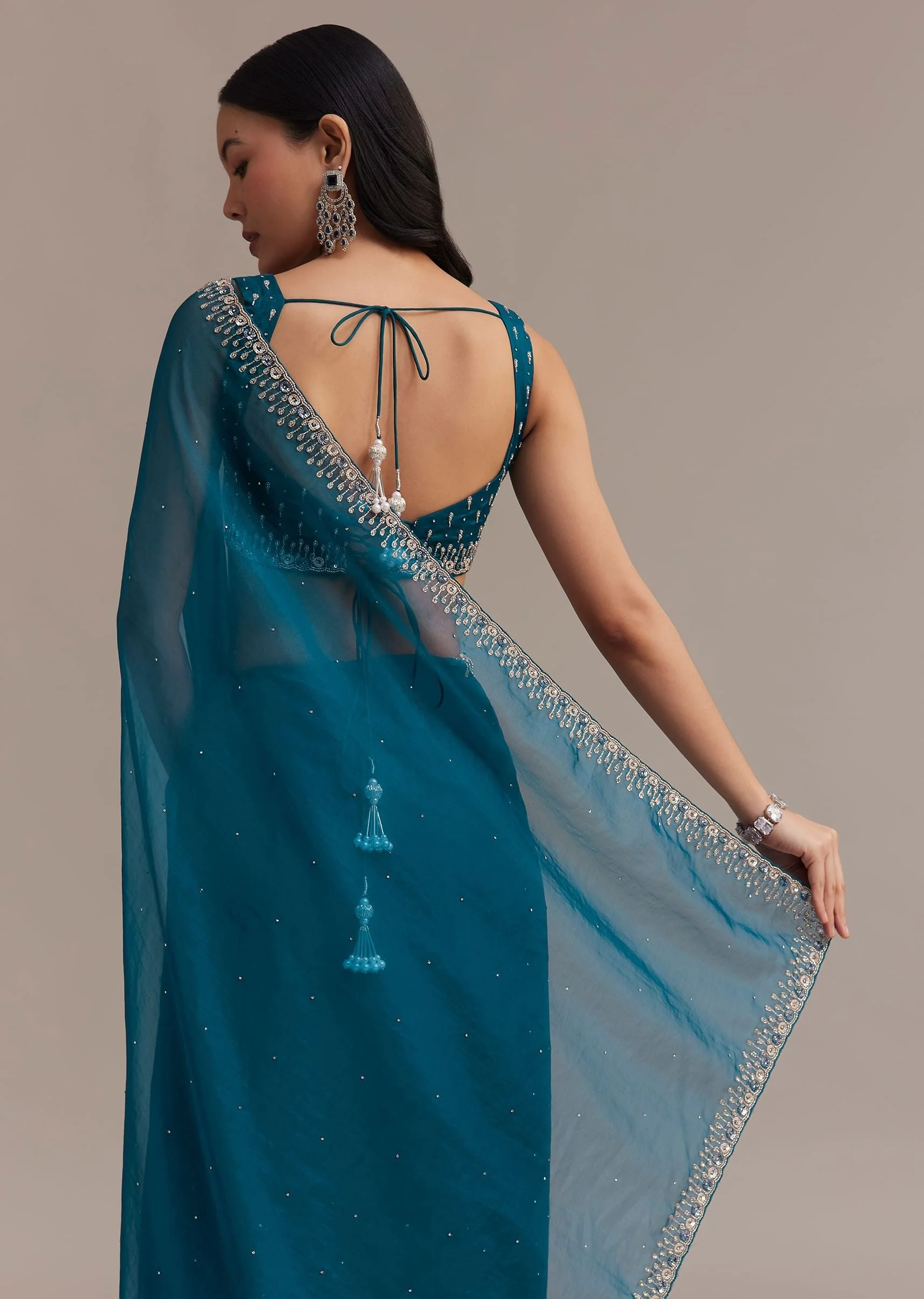 Sapphire Blue Organza Saree With Sequins And Cutdana Embellished Border - Image 6