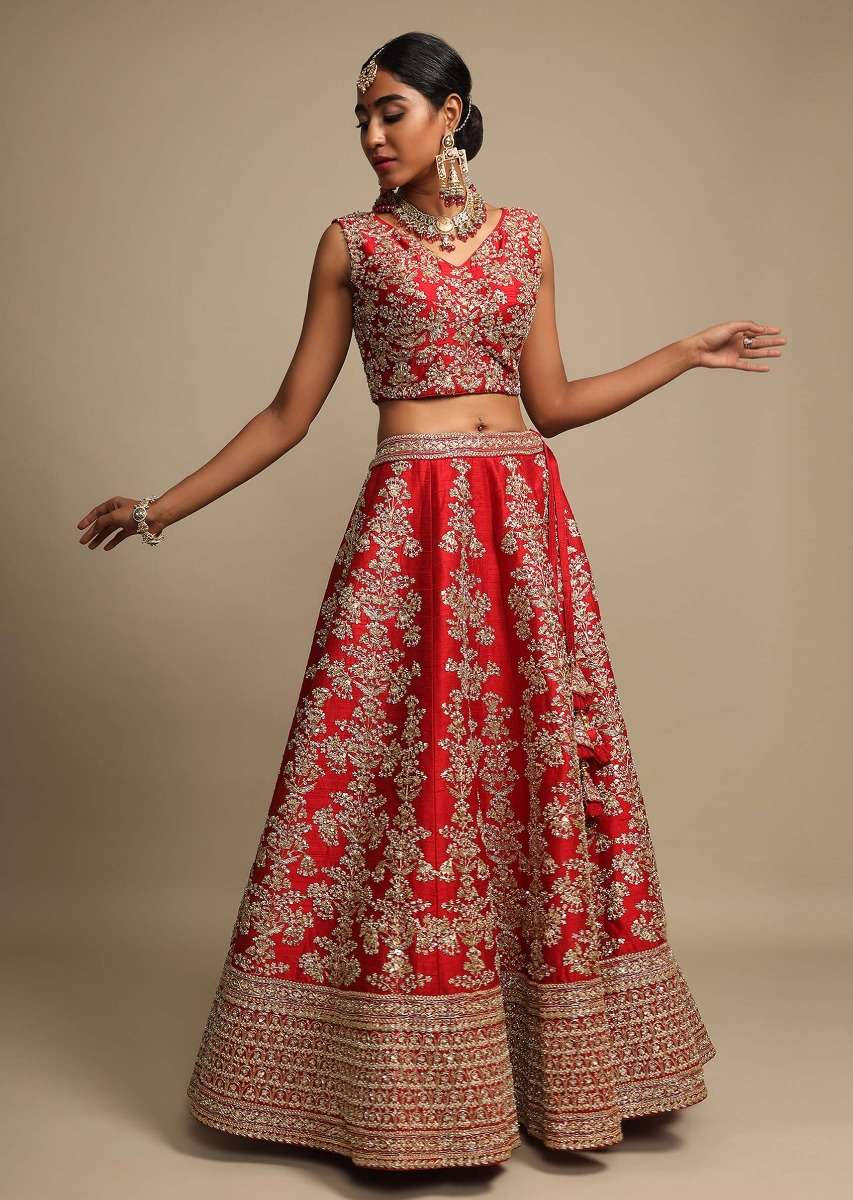Scarlet Red Lehenga Choli In Raw Silk With Zari Embroidered Feminine Floral Kalis - Image 4