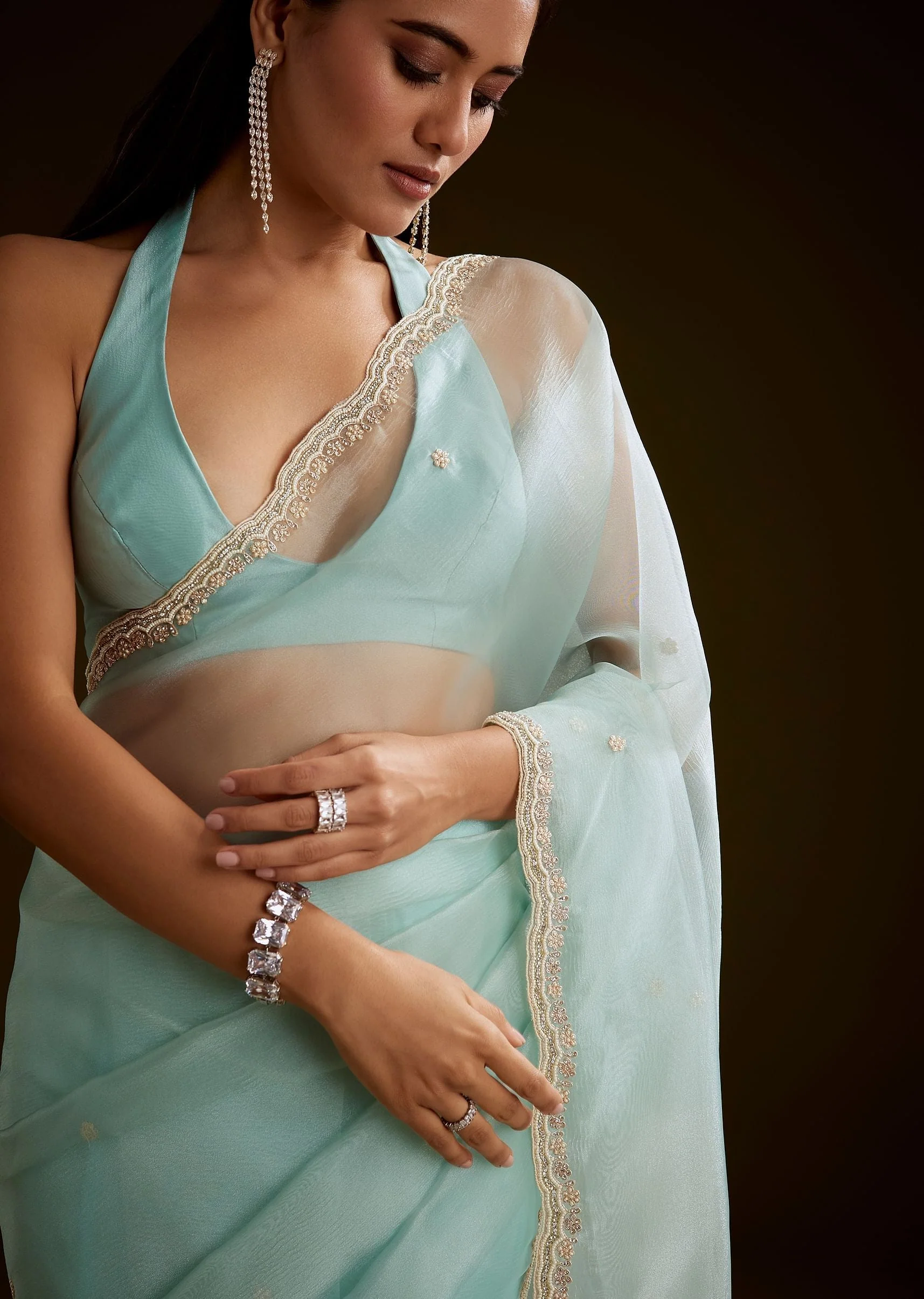 Sea Green Crush Tissue Saree With Stone And Moti Embroidery And Scallop Border - Image 3