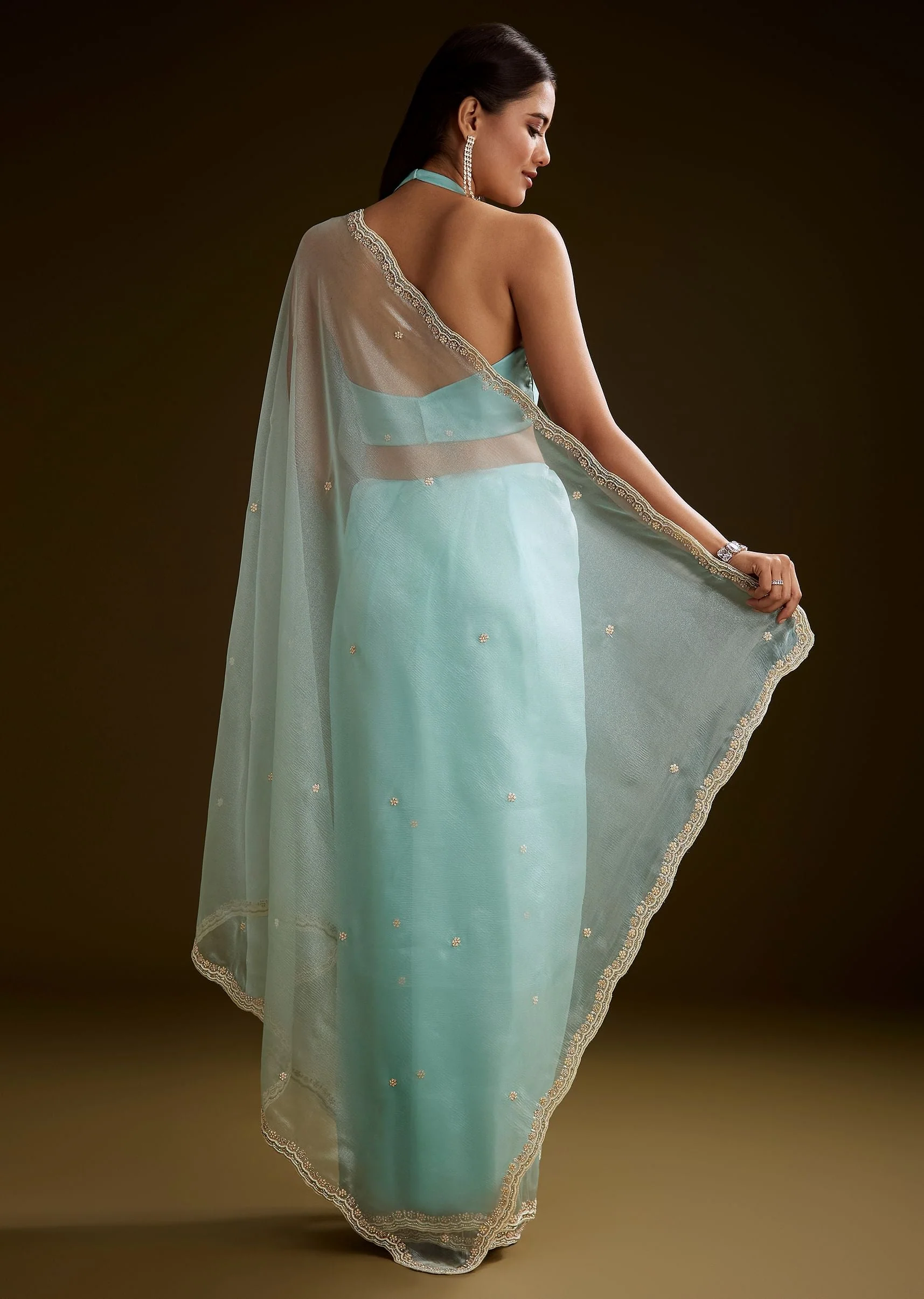 Sea Green Crush Tissue Saree With Stone And Moti Embroidery And Scallop Border - Image 6